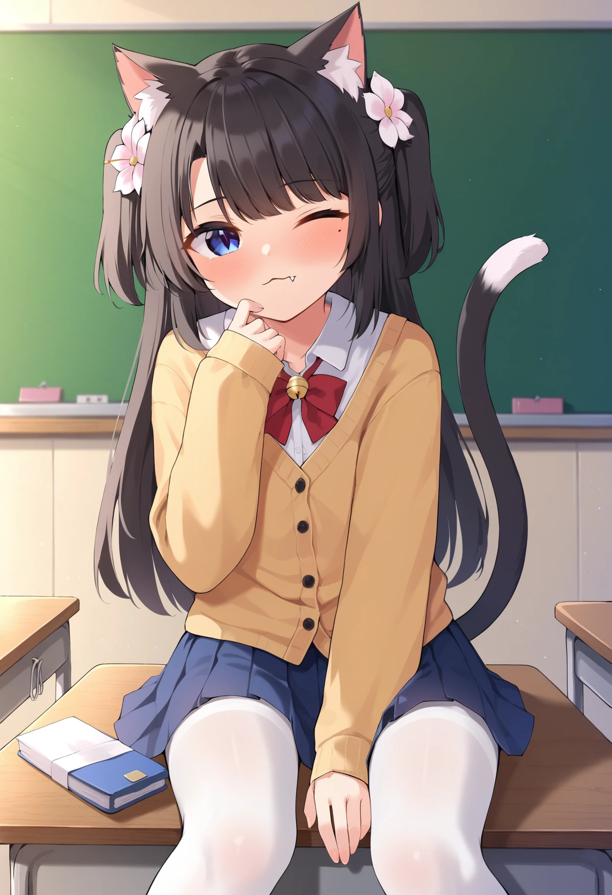 score_9,score_8_up,score_7_up, source_cartoon, source_furry, cat girl, cat tail, multicolored hair, white hair, black hair, long rect hair, rect side hair, rect bangs, furry, blush, looking at viewer, :3, 1girl, cat ears, pink nose,bfurry girl, white body fur, small breasts, ((black spot on left eye)), ((school uniform shirt, blue skirt)), school class, yellow eyes, blush, uperbody,