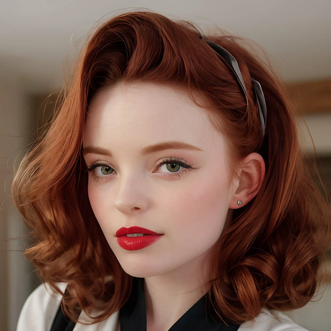 high quality photo of  <lora:Ellie_Littlechild:1.2> ellie_littlechild
ginger hair, curly hair, wavey hair, red lipstick, pale