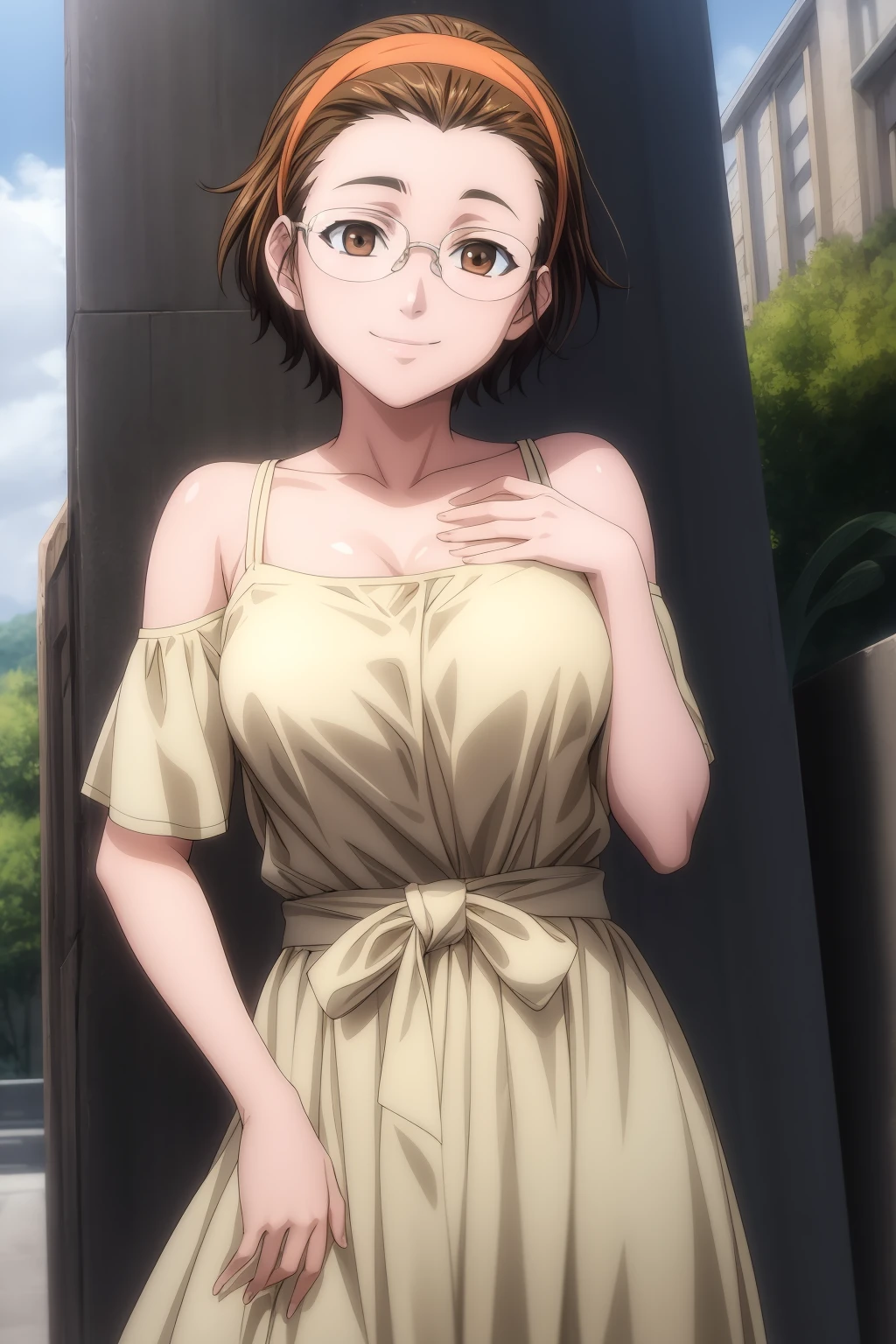 hires, best quality, masterpiece, 1girl, solo, looking at viewer, smile, short hair, brown hair, brown eyes, glasses, hairband, tsugumi_rosenmeier, poses, casual clothes, casual dress, outdoor