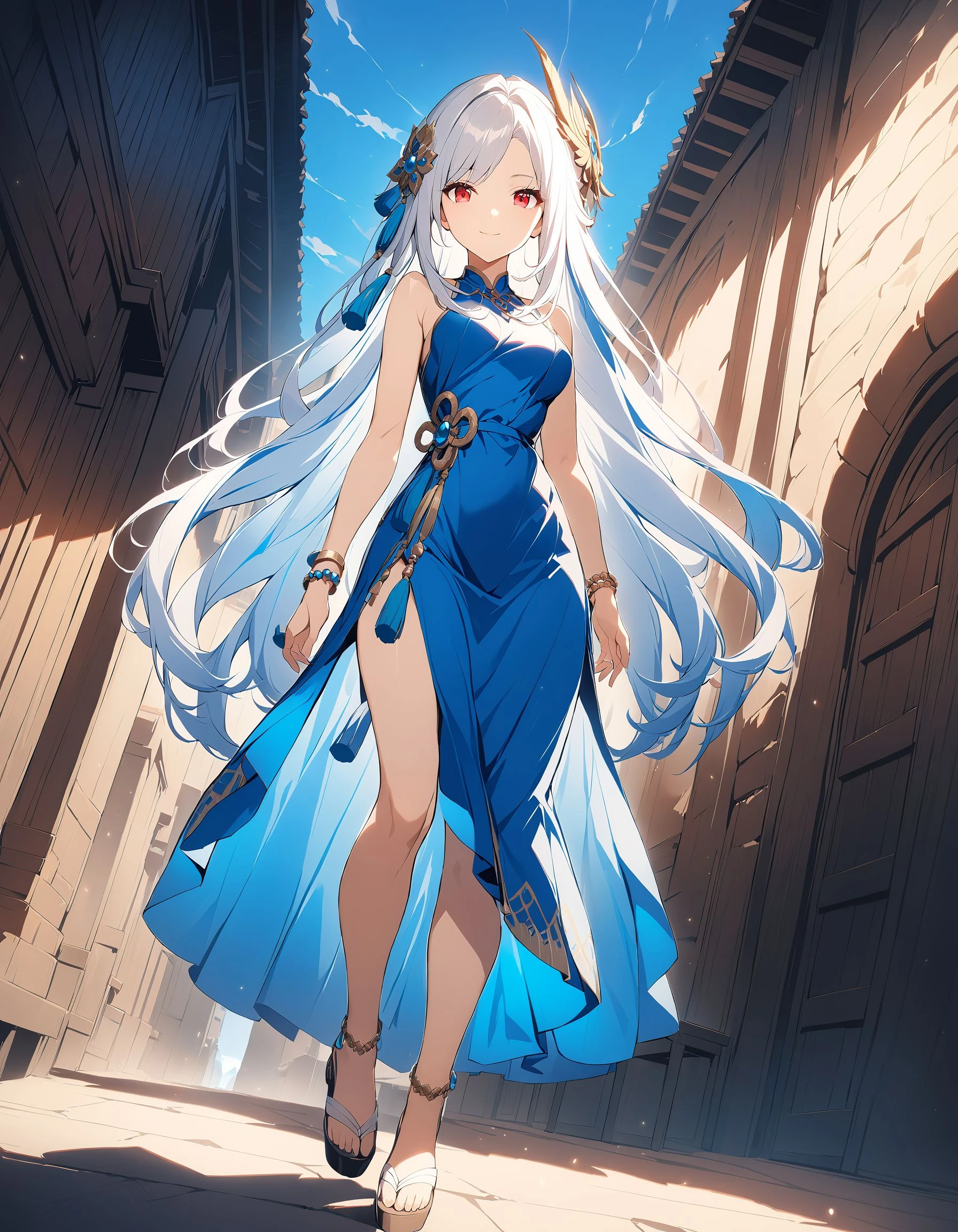 Hoyoearth, 1girl, solo, long hair, looking at viewer, smile, bangs, hair ornament, red eyes, dress, bare shoulders, jewelry, medium breasts, very long hair, closed mouth, standing, full body, white hair, sidelocks, bracelet, parted bangs, bare legs, blue dress, sandals, tassel, side slit, tassel hair ornament, very detailed, cinematic angle, outdoors, ultra sharp, rembrandt lighting, side lighting, cinematic shading, cinematic lighting, foreshortening, detailed background, masterpiece, best quality , official art , <lora:hoyoverse_SDXL:0.8>