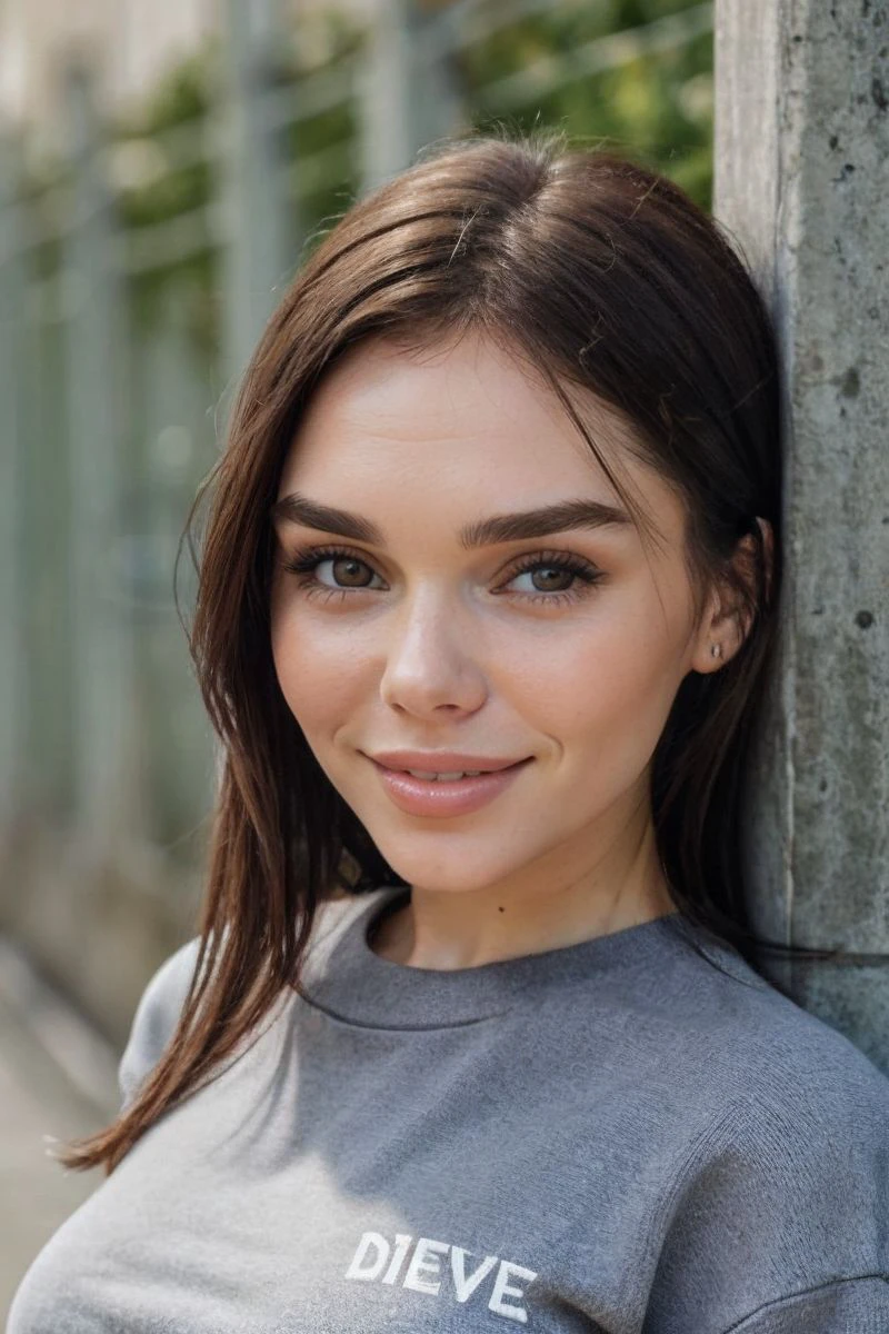 closeup headshot of S313_AnastasiaDurkot,an attractive woman,in front of a (barbed-wire-wall:1.1),wearing a (crewneck-sweatshirt:1.1),(smiling),(4k, RAW photo, best quality, depth of field, ultra high res:1.1),(absurdres, intricate, photorealistic, masterpiece, ultra-detailed:1.1),
