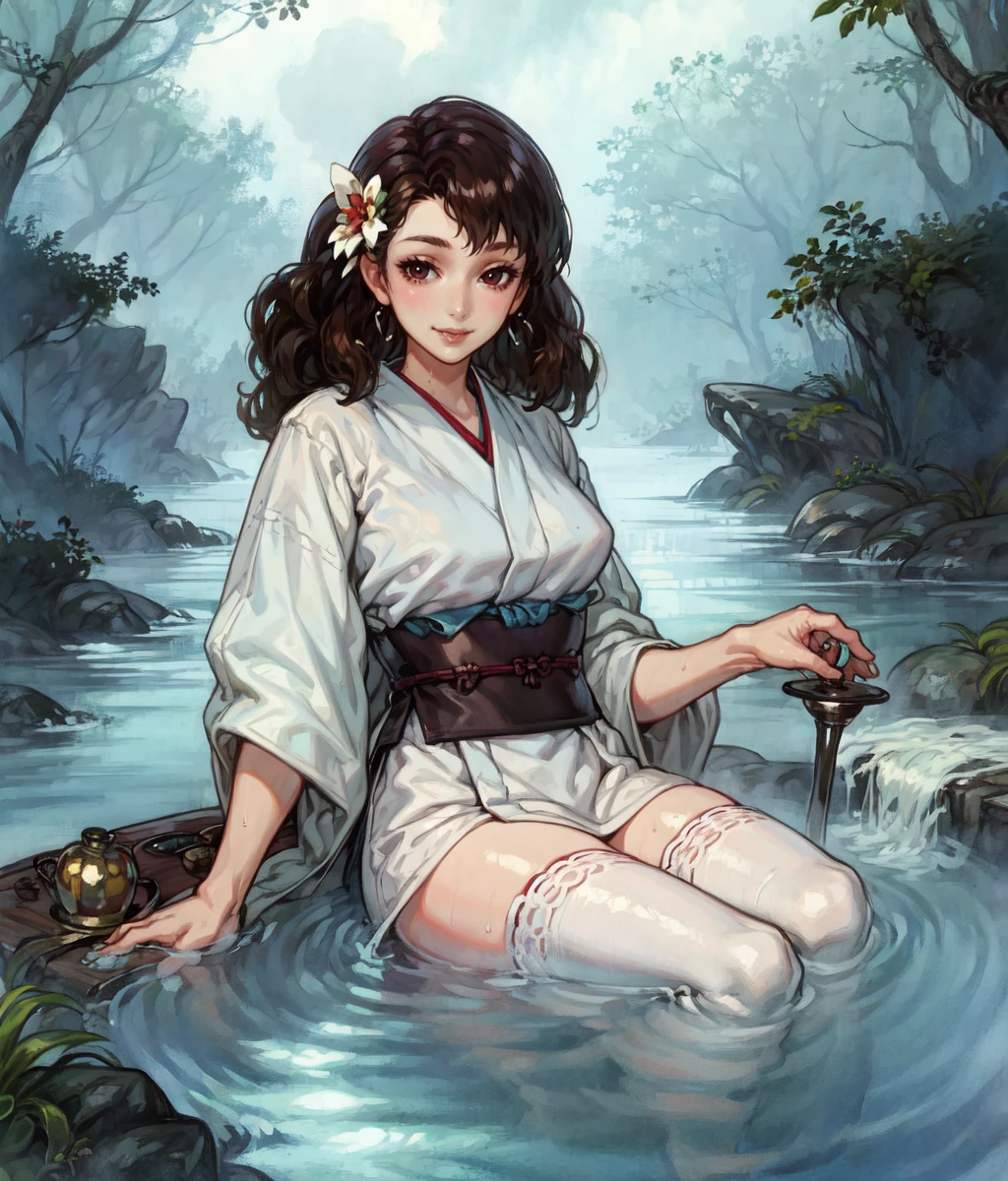 anime screencap, 1 girl, solo, long hair, brown brown hair, curly hair, thighhighs, evil smile, white yukata, wet clothes, submerged, sitting, open bath, bathing, outdoors <lora:Benitsuki:1>