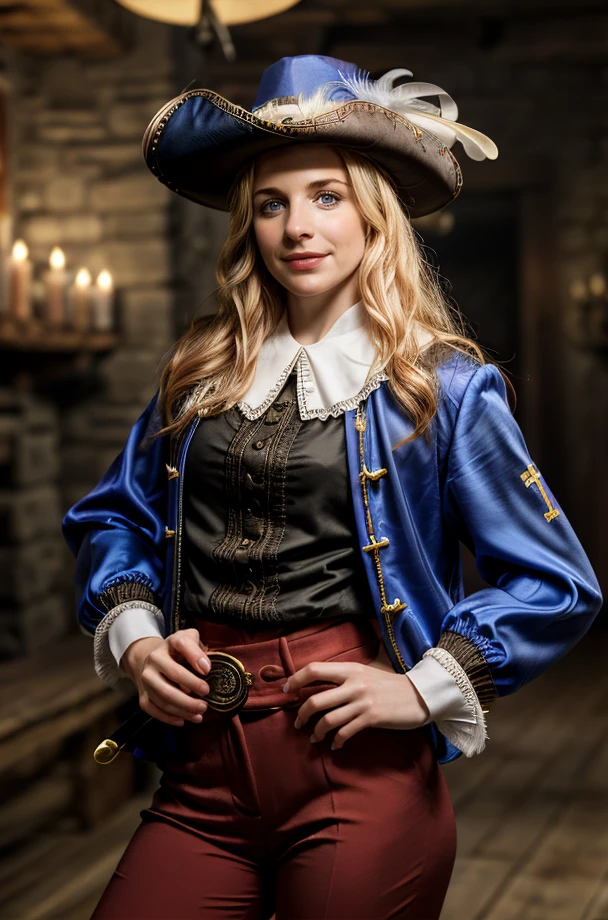 Professional photograph of GA1,<lora:GemmAtkins20byMal:0.9>, 36yo. blonde, she's very fit, she's a a reinassance musketeer, (dressed like a musketeer, jacket, silk pants, hat with a feather), she's in a reinassance tavern, drinking tavern, there's people playing cards in the background, 1800s France, she's posing and grinning, facing the viewer, 4k, bokeh, 8k, absurdres, masterpiece, highest quality, award winning shot, ray-tracing  <lora:ARWAMusketeerDress:0.8>  <lora:add_detail:1>