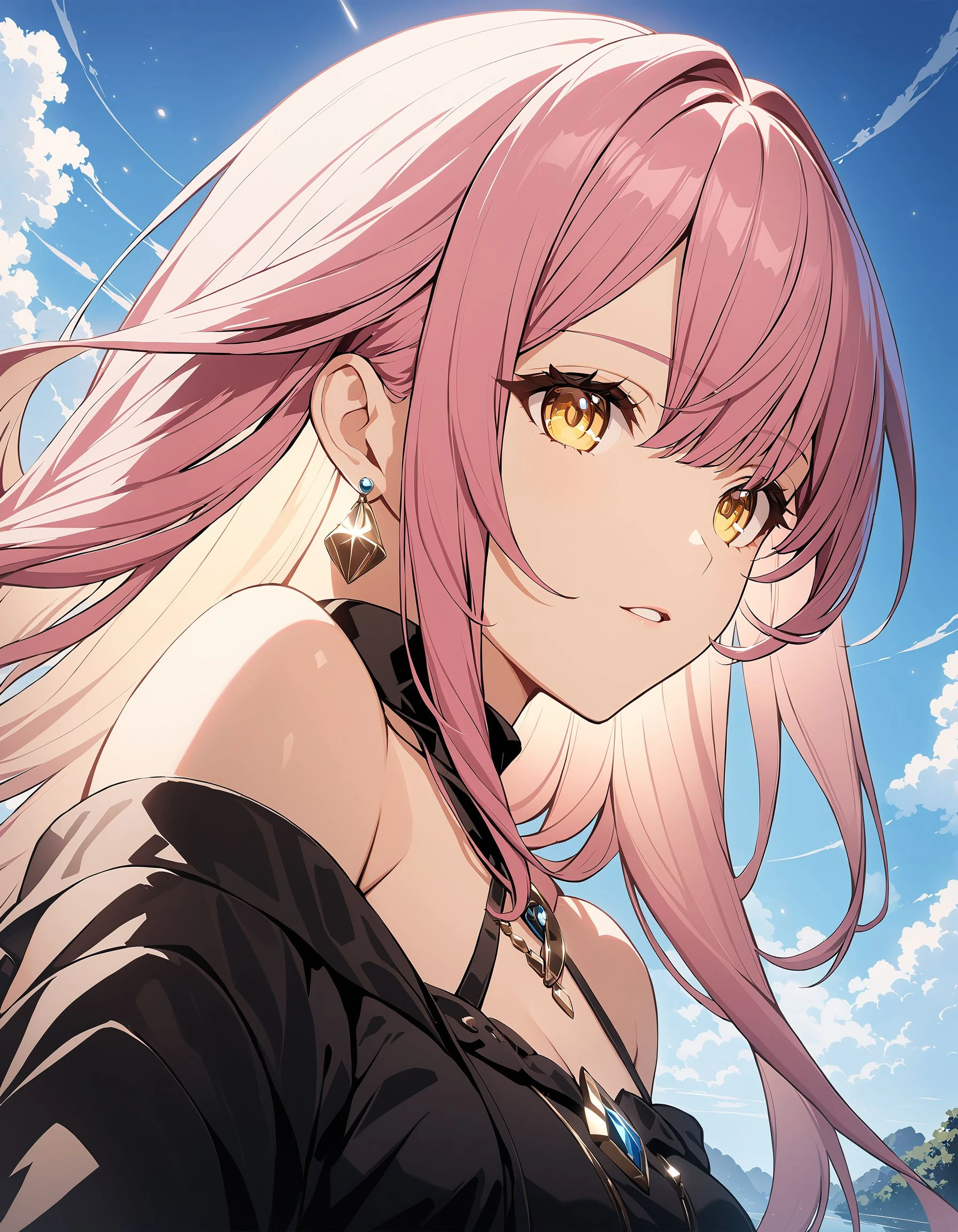 Hoyoearth, 1girl, solo, long hair, bangs, hair ornament, long sleeves, bare shoulders, jewelry, yellow eyes, upper body, pink hair, earrings, parted lips, sky, very detailed, cinematic angle, outdoors, ultra sharp, rembrandt lighting, side lighting, cinematic shading, cinematic lighting, foreshortening, detailed background, Hoyoverse, masterpiece, best quality , official art , <lora:hoyoverse_SDXL:0.8>