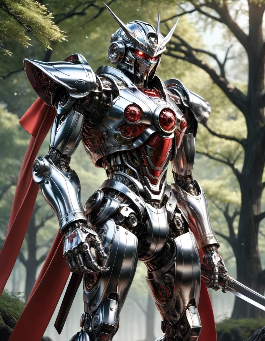 masterpiece,best quality,ultra-detailed,very detailed illustrations,extremely detailed,intricate details,highres,super complex details,extremely detailed 8k cg wallpaper, caustics,reflection,ray tracing, MECHA MUSUME, MECHANICAL PARTS,1boy, face, solo,alone, samurai, single mechanical arm, intricate mechanical bodysuit, red kimono, full armor, black hair, mecha sword on his belt, by the nature, trees, evening, 2hands, made out of  ral-polishedsteel <lora:ral-polishedsteel:1>
