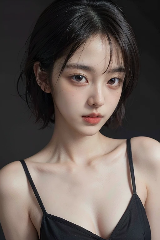 (8k、RAW Photos、highest quality、masterpiece:1.2)、(Realistic、Realistic)、1 Japanese girl、(Short hair)、((Black Hair))、((White Lingerie))、((Petite Woman))、(((Big Breasts)))、skeletally correct、((small eyes))