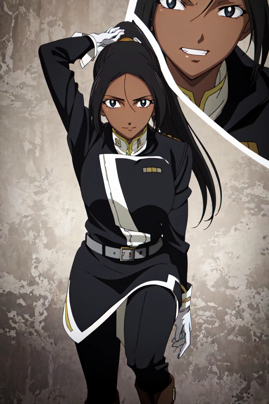 (best quality) , (highly detailed) ,masterpiece ,absurdres ,detailed face ,beautiful face ,(detailed eyes, deep eyes, anime eyes) ,1girl , solo, slight smile,
Dancing with arms in the air,
narvi_bb, ponytail, black eyes, black hair, dark-skinned female, dark skin, long hair, hair ornament, gloves, boots, belt, white gloves, uniform, coat, <lora:narvi_bb-10:0.75>