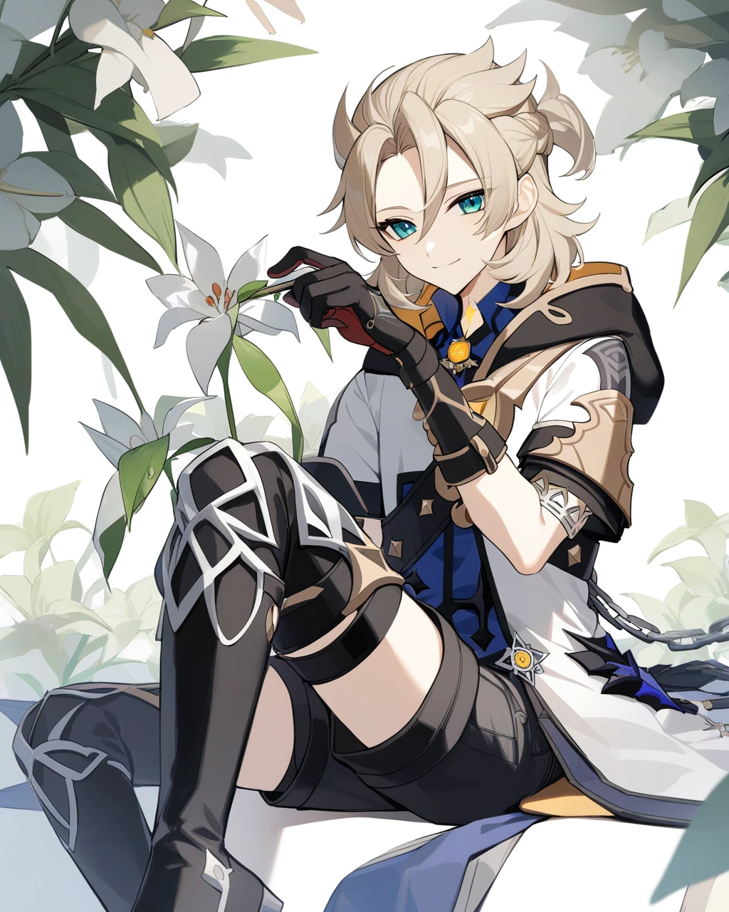masterpiece,best quality,<lora:albedo:1>,albedo \(genshin impact\),1boy,male focus,solo,sitting,hood down,holding,flower,black footwear,black gloves,closed mouth,short sleeves,smile,thigh boots,white background,black shorts,signature,looking at viewer,chain,hooded jacket,simple background,