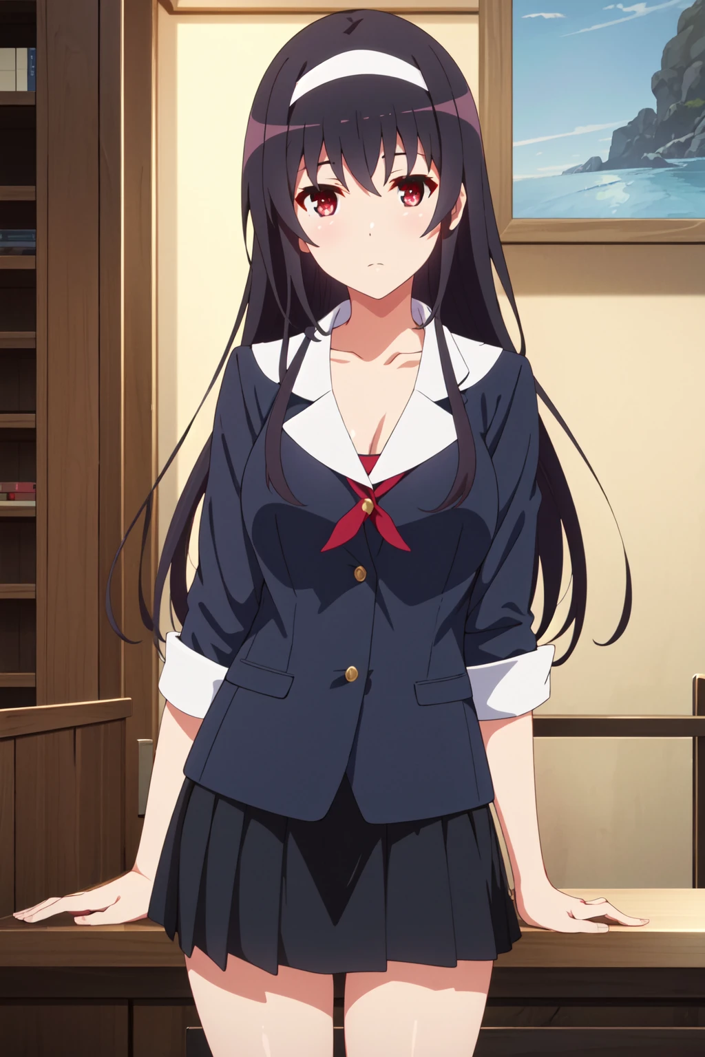<lora:anime_screencap_v2:0.3> tall body, tall, long legs, mature female, mature, adult, <lora:GoodHands-beta2:1.4>,
<lora:eft_sae_utaha-02:0.8> eft_saekano_utaha, 1girl, kasumigaoka utaha, solo, long hair, hairband, black hair, red eyes, upper body, white hairband, shirt, bangs, indoors, looking at viewer, closed mouth, breasts, skirt