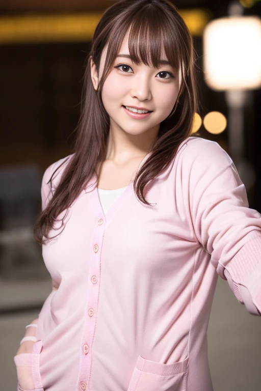 1girl, (pink cardigan:1.6),(RAW photo, best quality:1.4), (realistic, photo-realistic:1.4), masterpiece, an extremely delicate and beautiful, extremely detailed, 2k wallpaper, Amazing, finely detail, extremely detailed CG unity 8k wallpaper, ultra-detailed, highres, soft light, beautiful detailed girl, extremely detailed eyes and face, beautiful detailed nose, beautiful detailed eyes,cinematic lighting,(blurry,bokeh backgound:1.6),(in building:1.6),perfect anatomy,(slender body:1.0),(close up face,focus face:1.4),(smile,Friendly, warm:2.0),(looking at viewer:1.8),(young japanese idol:1.8),(wavy long brown hair:1.8), (brown eyes:1.8),(standing:1.6), <lora:manomizuki_lora-12:0.8>