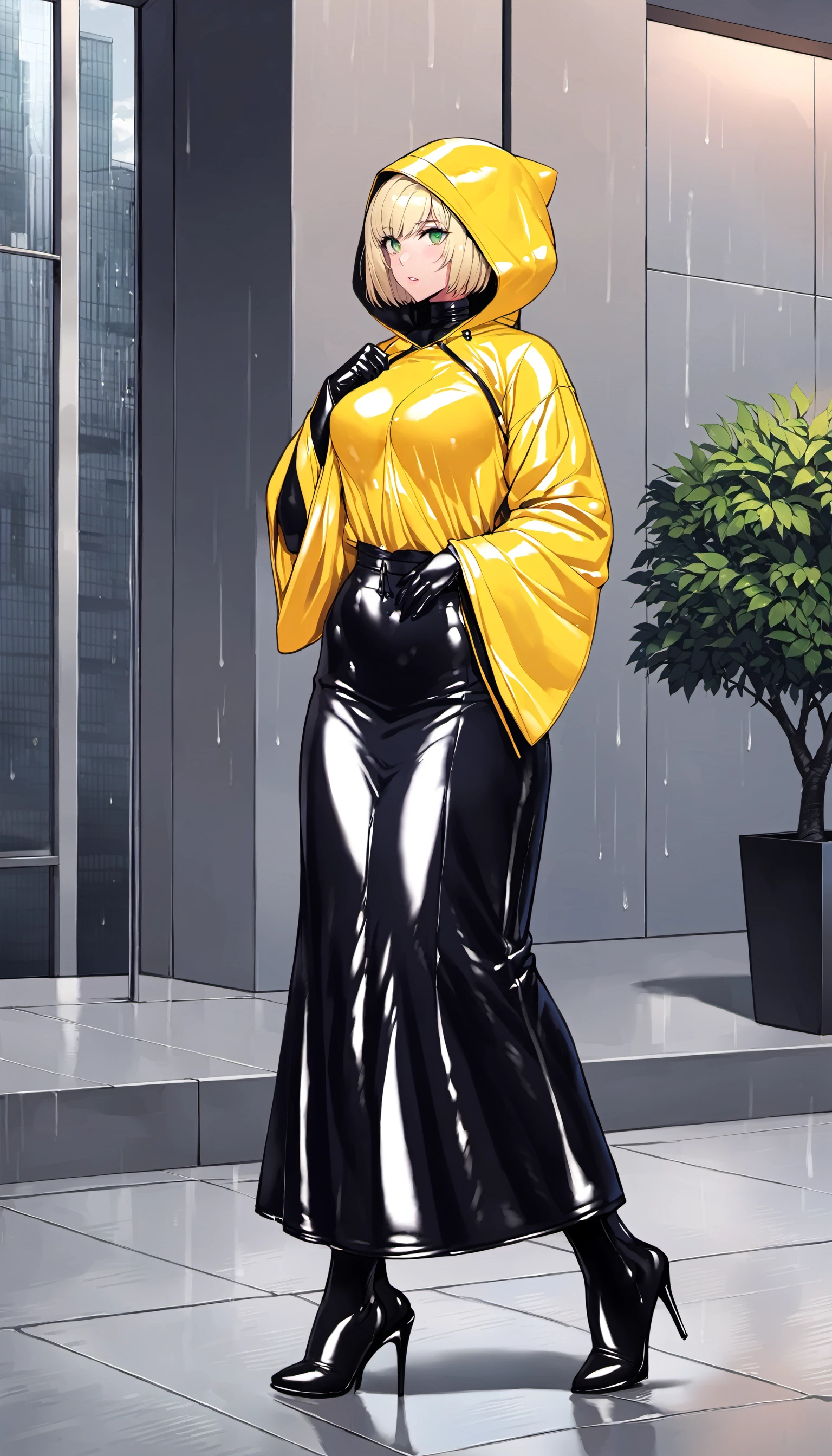 1girl, latex raincoat, (long skirt:1.2),
blonde hair, short hair, green eyes, medium breasts, bob cut,
latex, black latex dress, hoodie, wide sleeves, latex gloves, long sleeves, latex boots, latex legwear, (hood, hood up:1.2),
outdoors, in front of a building, city, skyscraper, cloudy sky, rain,
masterpiece, best quality, ultra detailed, high quality, perfect anatomy, solo, contemporary, full body, walking, pose,
detailed face, detailed eyes, detailed hair, illustration,
<lora:tesomu-sdxl-d:1>