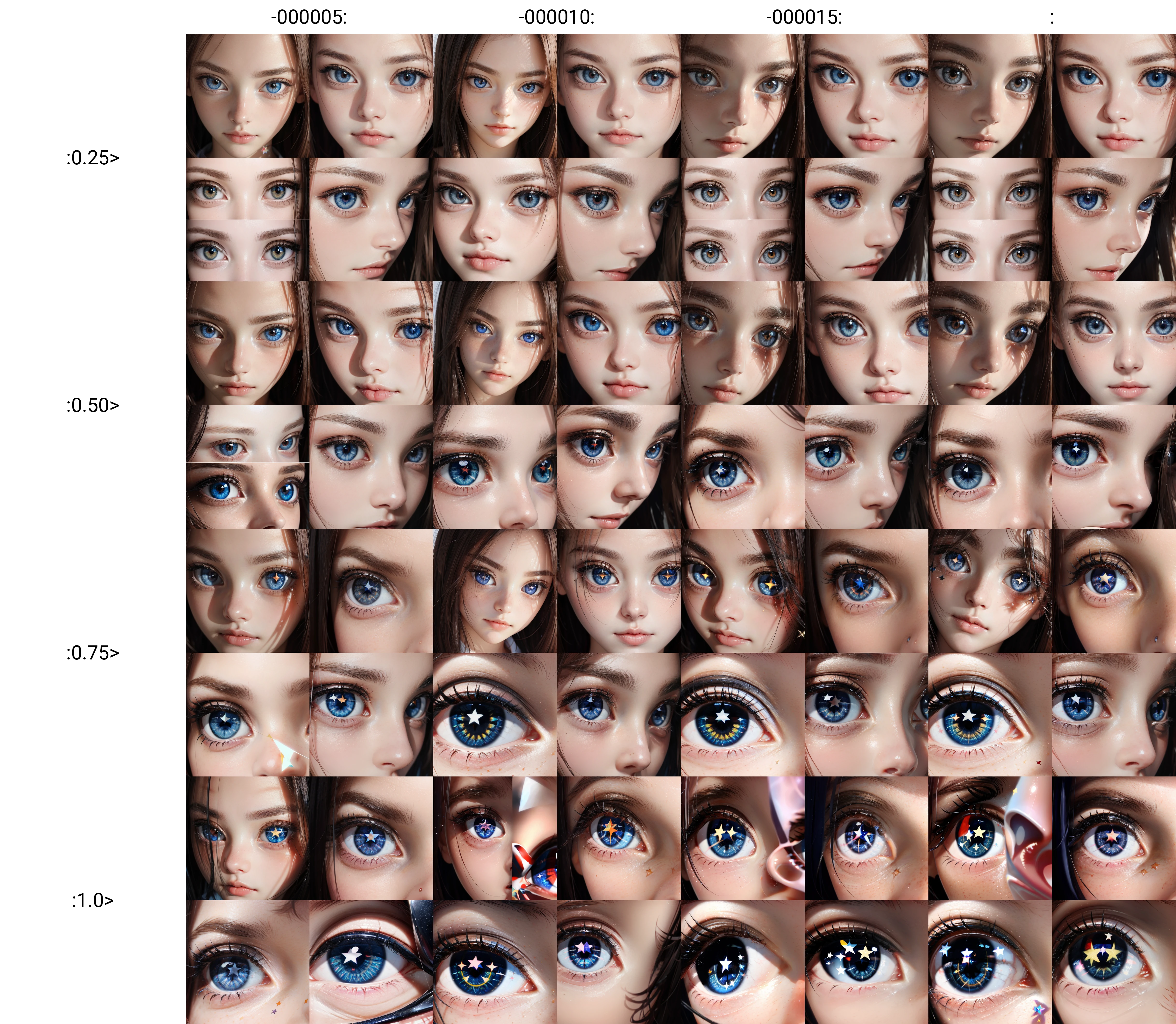 1girl,face,eyes,closeup,star-shaped_pupils,<lora:star-shaped_pupils-000005:0.25>,photorealistic,photo