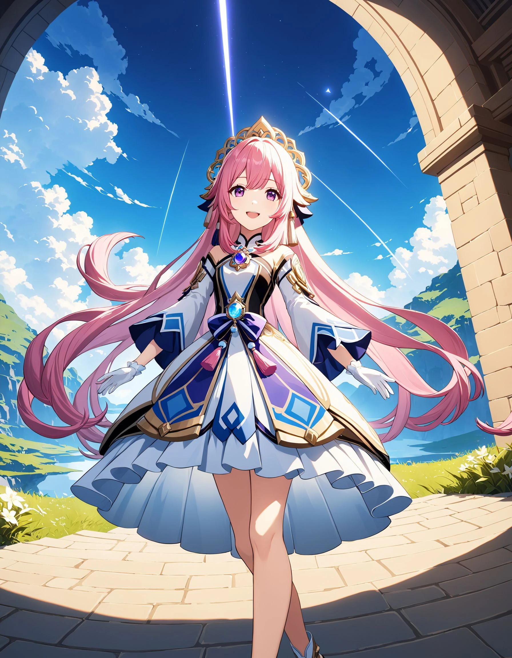 Hoyoearth, 1girl, solo, long hair, looking at viewer, smile, open mouth, bangs, simple background, hair ornament, gloves, white background, dress, very long hair, purple eyes, full body, pink hair, multicolored hair, frills, white gloves, wide sleeves, tassel, vision (genshin impact), half gloves, bow-shaped hair, very detailed, cinematic angle, outdoors, ultra sharp, rembrandt lighting, side lighting, cinematic shading, cinematic lighting, foreshortening, detailed background, Hoyoverse, masterpiece, best quality , official art , <lora:hoyoverse_SDXL:0.8>