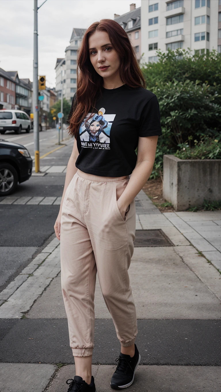 smoonstyle, a woman, outdoors, city, road, standing, modern clothes, T-shirt, pants,