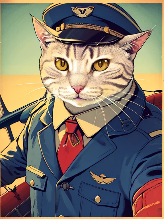 master piece, high quality, A cat, pilot, uniform flies small plane, J_poster <lora:J_poster:1>
