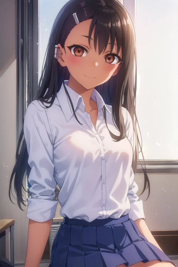 hayasenagatoro, <lora:hayase nagatoro s1s2-lora-nochekaiser:1>,
hayase nagatoro, long hair, bangs, black hair, hair ornament, (brown eyes:1.5), (hairclip:1.2), fang, dark skin, dark-skinned female, tan, smile, grin,
BREAK skirt, shirt, school uniform, white shirt, pleated skirt, nail polish, blue skirt, red nails, earclip,
BREAK indoors, classroom,
BREAK looking at viewer, (cowboy shot:1.5),
BREAK <lyco:GoodHands-beta2:1>, (masterpiece:1.2), best quality, high resolution, unity 8k wallpaper, (illustration:0.8), (beautiful detailed eyes:1.6), extremely detailed face, perfect lighting, extremely detailed CG, (perfect hands, perfect anatomy),