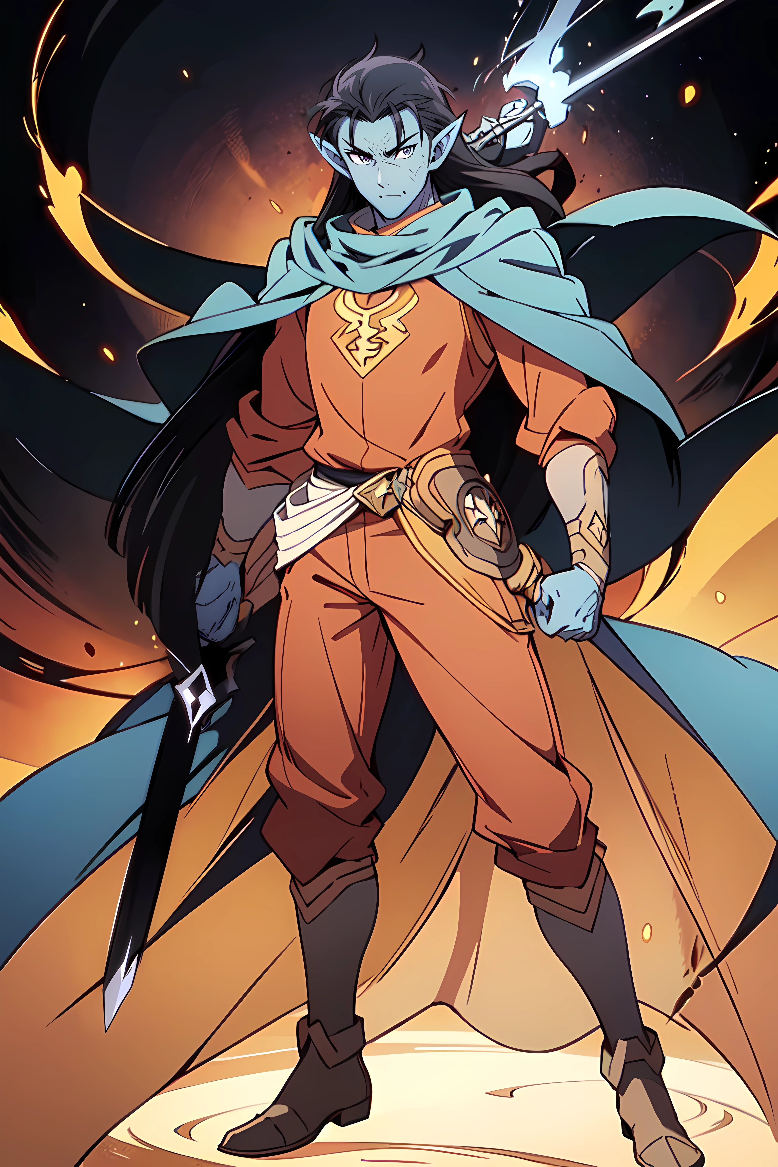 anime artwork masterpiece,best quality, unreal engine, ultra res, extremely detailed
<lora:Character_ort_lonberuk_dqd_d16a4_v0.6:0.8>
lonberuk_dqd,
male focus,
blue skin, black hair, long hair, pointy ears, face scar,
cloak, gloves,
waist shot, standing,
sword, dual wielding
. anime style, key visual, vibrant, studio anime, highly detailed