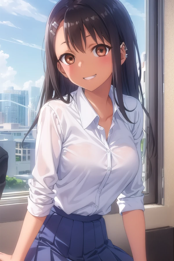 hayasenagatoro, <lora:hayase nagatoro s1s2-lora-nochekaiser:1>,
hayase nagatoro, long hair, bangs, black hair, hair ornament, (brown eyes:1.5), (hairclip:1.2), fang, dark skin, dark-skinned female, tan, smile, grin,
BREAK skirt, shirt, school uniform, white shirt, pleated skirt, nail polish, blue skirt, red nails, earclip,
BREAK indoors, classroom,
BREAK looking at viewer, (cowboy shot:1.5),
BREAK <lyco:GoodHands-beta2:1>, (masterpiece:1.2), best quality, high resolution, unity 8k wallpaper, (illustration:0.8), (beautiful detailed eyes:1.6), extremely detailed face, perfect lighting, extremely detailed CG, (perfect hands, perfect anatomy),