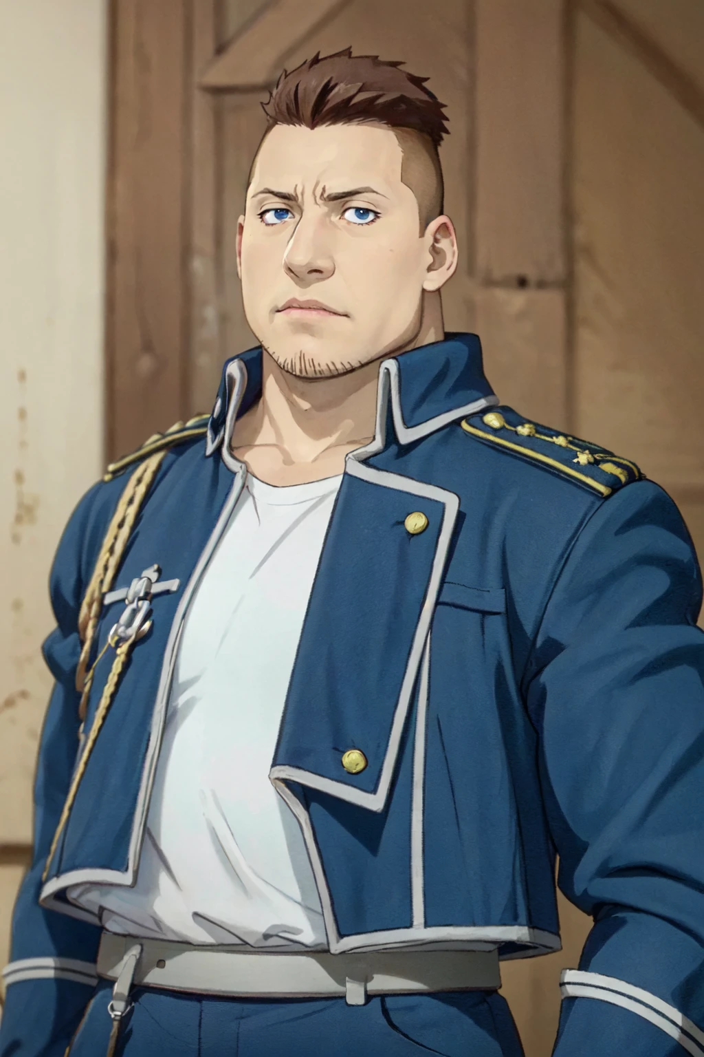 (1 image only),  solo male,  1boy,  Heymans Breda,  Fullmetal Alchemist,  anime,  2D,  blue eyes,  brown hair,  short hair,  high fade,  stubble,  handsome,  chubby,  open pure blue military uniform,  confidence,  charming,  alluring,  upper body in frame,  perfect anatomy,  perfect proportions,  8k,  HQ,  (best quality:1.2,  hyperrealistic:1.2,  photorealistic:1.2,  masterpiece:1.3,  madly detailed photo:1.2),  (hyper-realistic lifelike texture:1.2,  realistic eyes:1.2),  high_resolution,  perfect eye pupil,  dutch angle, best quality,  (long sleeves),<lora:EMS-286469-EMS:0.800000>