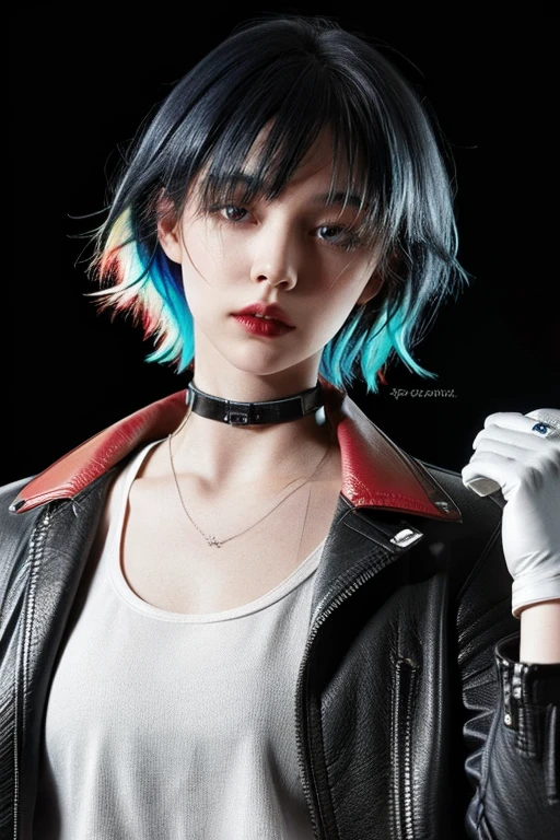 <lora:cervine-v2:0.8>,
Very cool,1girl,solo,black hair,leather,multicolored hair,Red gradient hair,gloves,looking at viewer,leather jacket,realistic,short hair,jacket,jewelry,red hair,ring,black eyes,choker,white background,simple background,lips,white gloves,black jacket,single glove,two-tone hair,upper body,