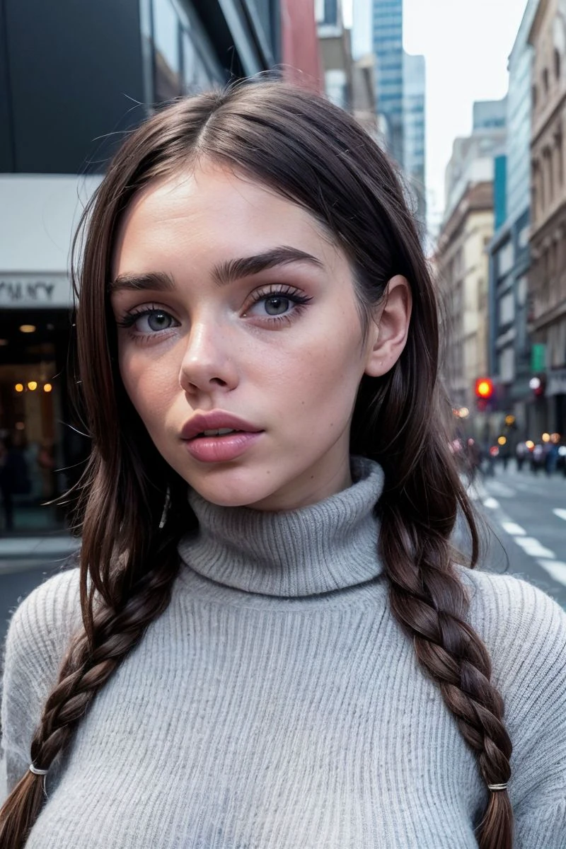portrait of S313_AnastasiaDurkot,a gorgeous woman,in a (big-city:1.1),wearing a (cowlneck-sweater:1.1),(braids),(4k, RAW photo, best quality, depth of field, ultra high res:1.1),(absurdres, intricate, photorealistic, masterpiece, ultra-detailed:1.1),