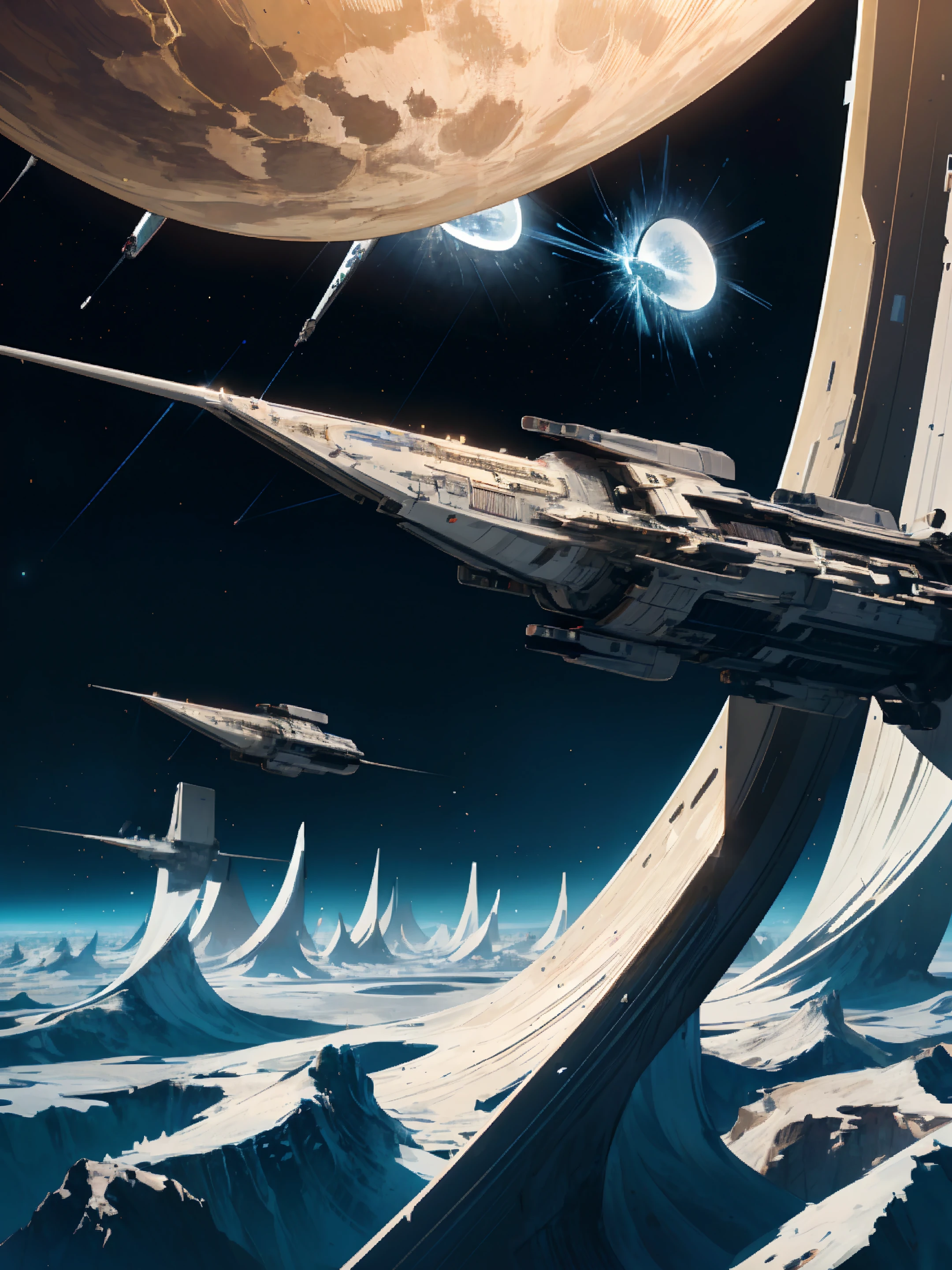 ((extremely detailed illustration)), highres, ((extremely detailed and beautiful background)), (professional illustrasion), (official art), ((Ultra-precise depiction)), ((Ultra-detailed depiction)), (beautiful:1.2 and aesthetic:1.2), beautiful detailed, intricate:1.1, nice hands, perfect hands, (((science fiction:1.3))), Fleet hovering in the celestial expanse. A multitude of formidable spacecraft align in space, emanating a heroic aura.,