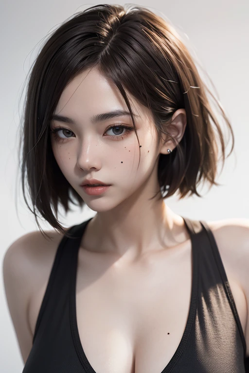 <lora:cervine-v2:0.8>,
Very cool,1girl,solo,realistic,looking at viewer,short hair,brown hair,upper body,mouth hold,simple background,white background,lips,black shirt,sleeveless,shirt,mole,bare shoulders,, best quality , masterpiece, illustration, an extremely delicate and beautiful, extremely detailed ,CG,unity,8k wallpaper, Amazing, finely detail, masterpiece, best quality,official art,extremely detailed CG unity 8k wallpaper,absurdres, incredibly absurdres, huge filesize , ultra-detailed, highres, extremely detailed,beautiful detailed girl, extremely detailed eyes and face, beautiful detailed eyes,light on face,