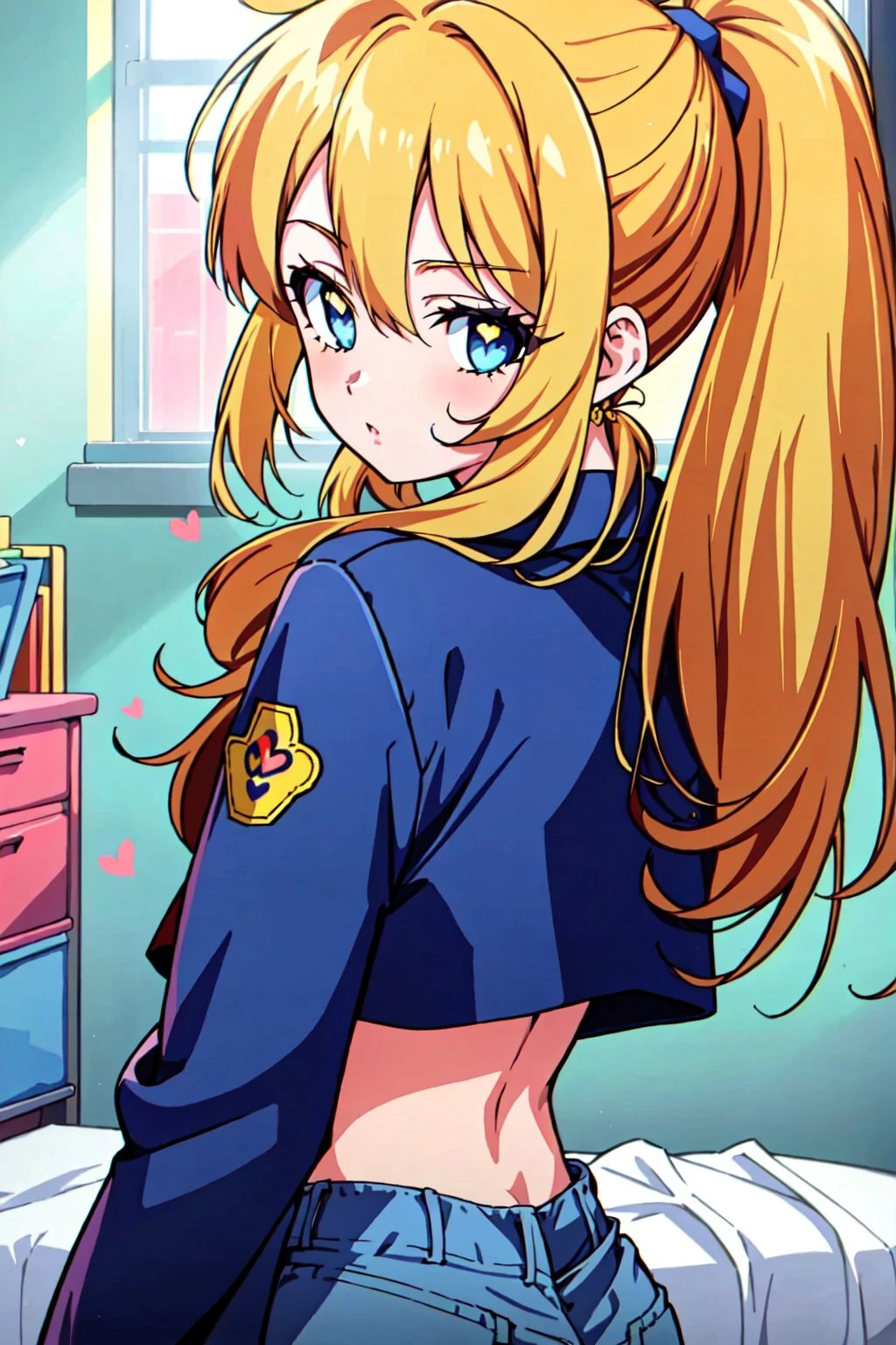 RetroAnime Style, 1girl, solo, long hair, looking at viewer, bangs, blue eyes, crop top, denim skirt, college dorm room, messy bedroom, hair between eyes, jacket, upper body, ponytail, yellow hair, heart, looking back, from behind, , masterpiece, best quality , official art , <lora:RetroAnime:0.8>