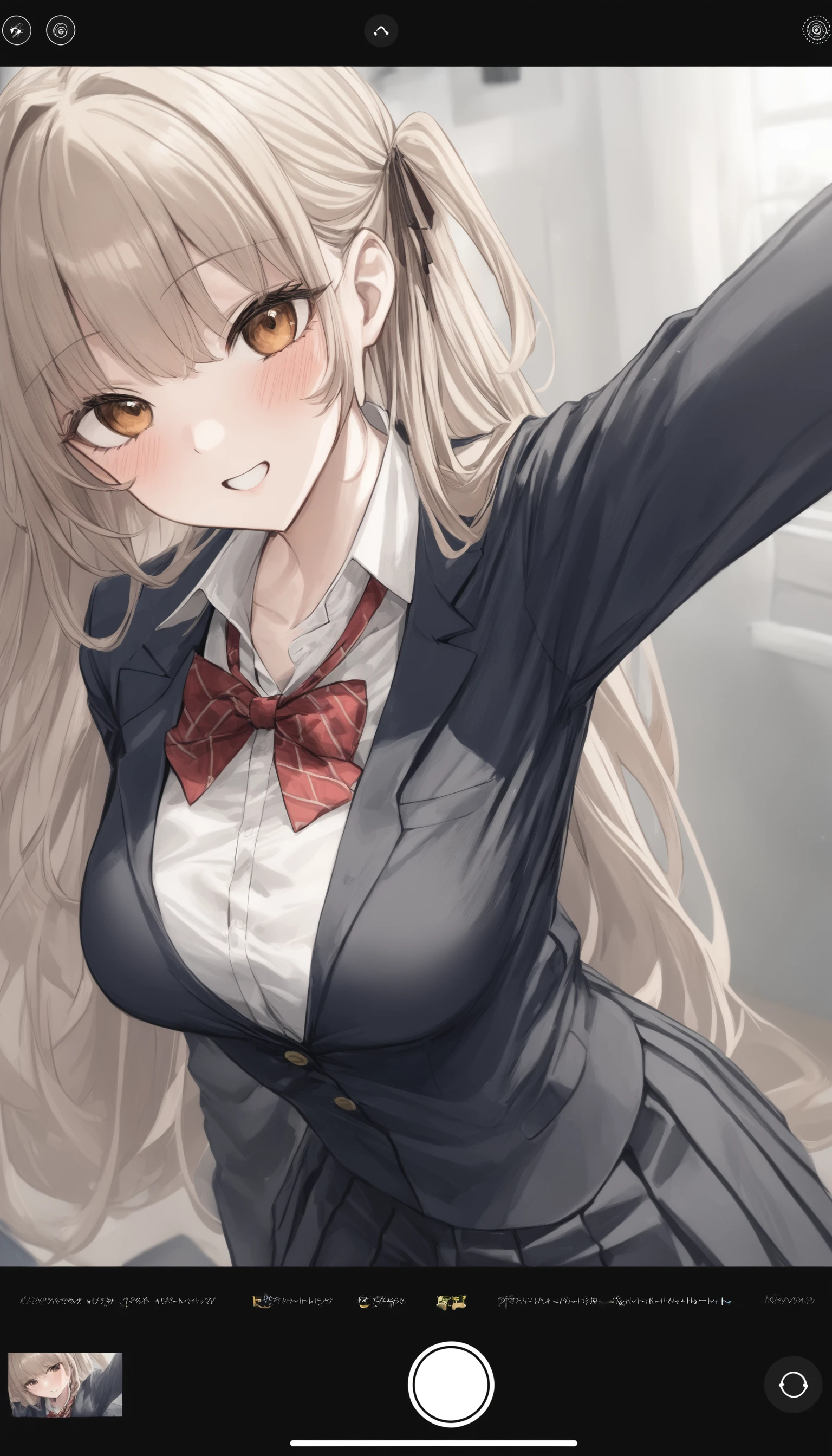 1girl, <lora:sdxl2-flat2-512b:-1>,medium breasts, school uniform,medium breasts,
<lora:selfieXLv2:0.9>,selfie, user interface, fake screenshot, viewfinder, phone screen, taking picture,
best quality,medium quality,