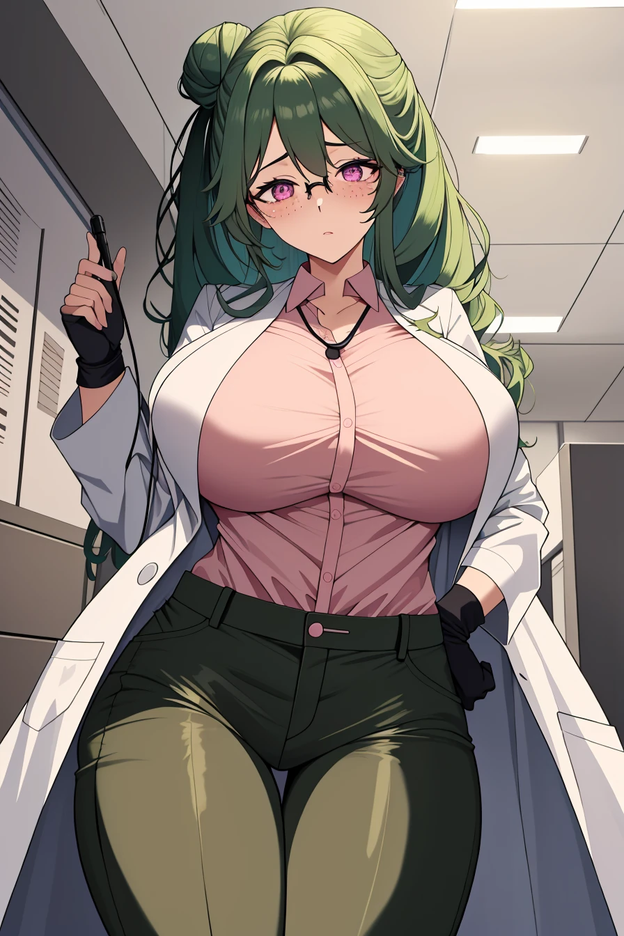 ((masterpiece, best quality, high quality)),1girl,<lora:infirmary_v0.1:0.5> (infirmary), <lora:Camilla Kloudiam:0.7> (camilla kloudiam, ocg:0001, 1girl, green hair, glasses, pink eyes, freckles, single hair bun, large breasts, mature female), <lora:brwn_doctor_uniform:0.8> (bwn_doc_unif, blue gloves, pink shirt, labcoat, stethoscope,latex pants),