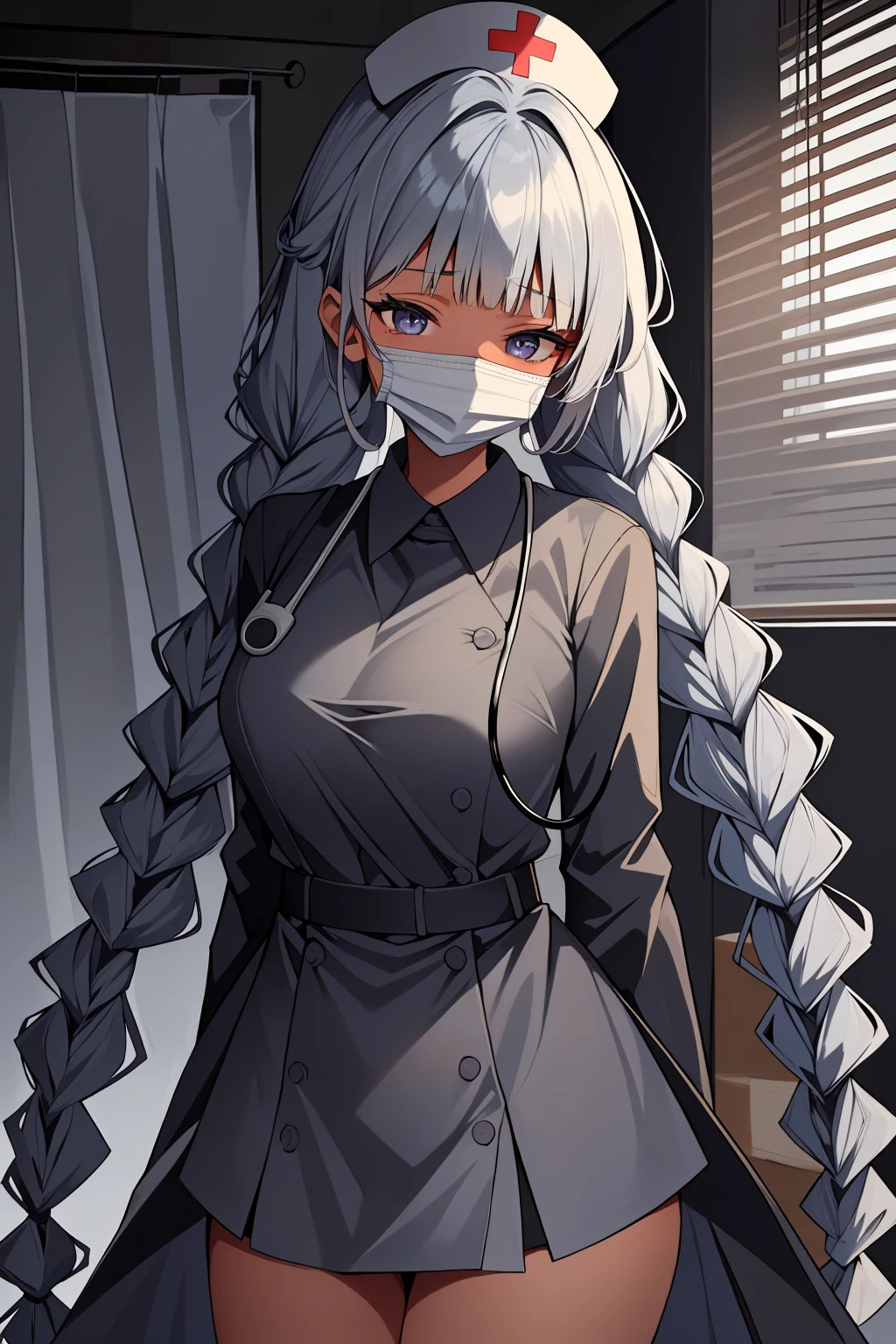 ((masterpiece, best quality, high quality)),1girl,<lora:infirmary_v0.1:0.5> (infirmary),  <lora:Fumiko Kubo:0.7> (1girl, 3dcg 04, bangs, blunt bangs, dark skin, dark-skinned female, fumiko kubo, grey eyes, grey hair, medium breasts, side braids, sidelocks, solo, twin braids, very long hair), <lora:0- CL - Long nurse uniform (mg):0.7> (longnurset2, gloves, mask, nurse cap, nurse, surgical mask, long sleeves, stethoscope),