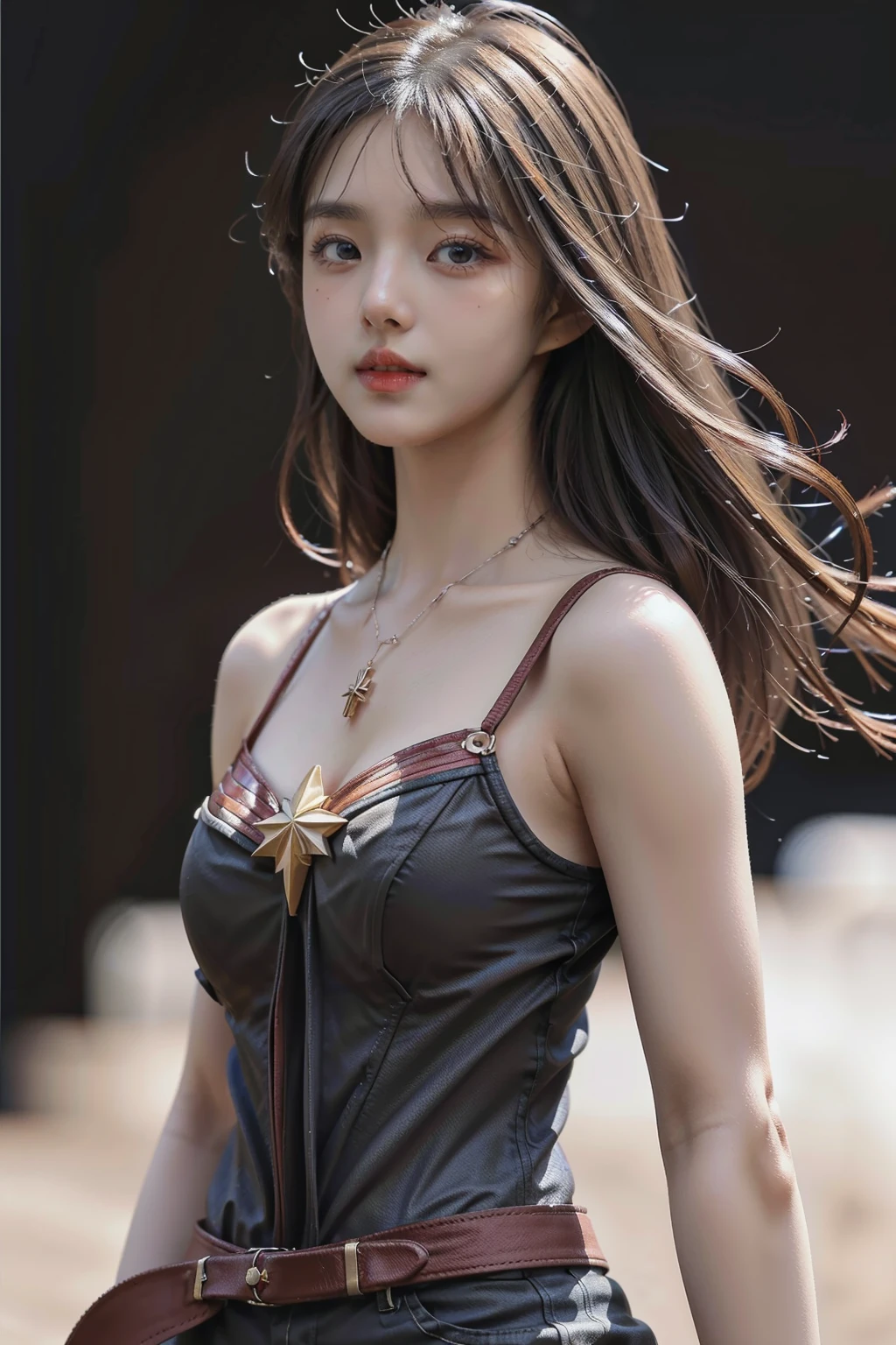 <lora:Amia:0.8>,Round face,Kawaii,1girl,solo,jewelry,realistic,necklace,long hair,black hair,looking at viewer,simple background,lips,brown eyes,portrait,closed mouth,(black background:1.3),<lora:cptmarvel-nvwls-v1:1>, cptMarvel,bodysuit,red gloves,belt,