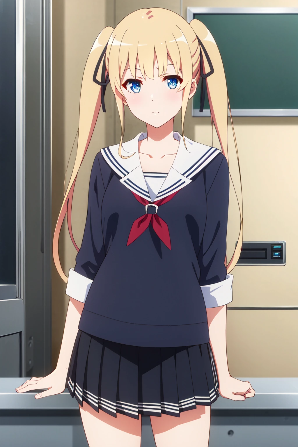 <lora:anime_screencap_v2:0.3> tall body, tall, long legs, mature female, mature, adult, <lora:GoodHands-beta2:1.4>,
<lora:eft_sae_blonde-02:0.8> eft_saekano_blonde, 1girl, sawamura spencer eriri, blonde hair, solo, blue eyes, twintails, long hair, school uniform, hair ribbon, ribbon, upper body, collarbone, black ribbon, skirt
