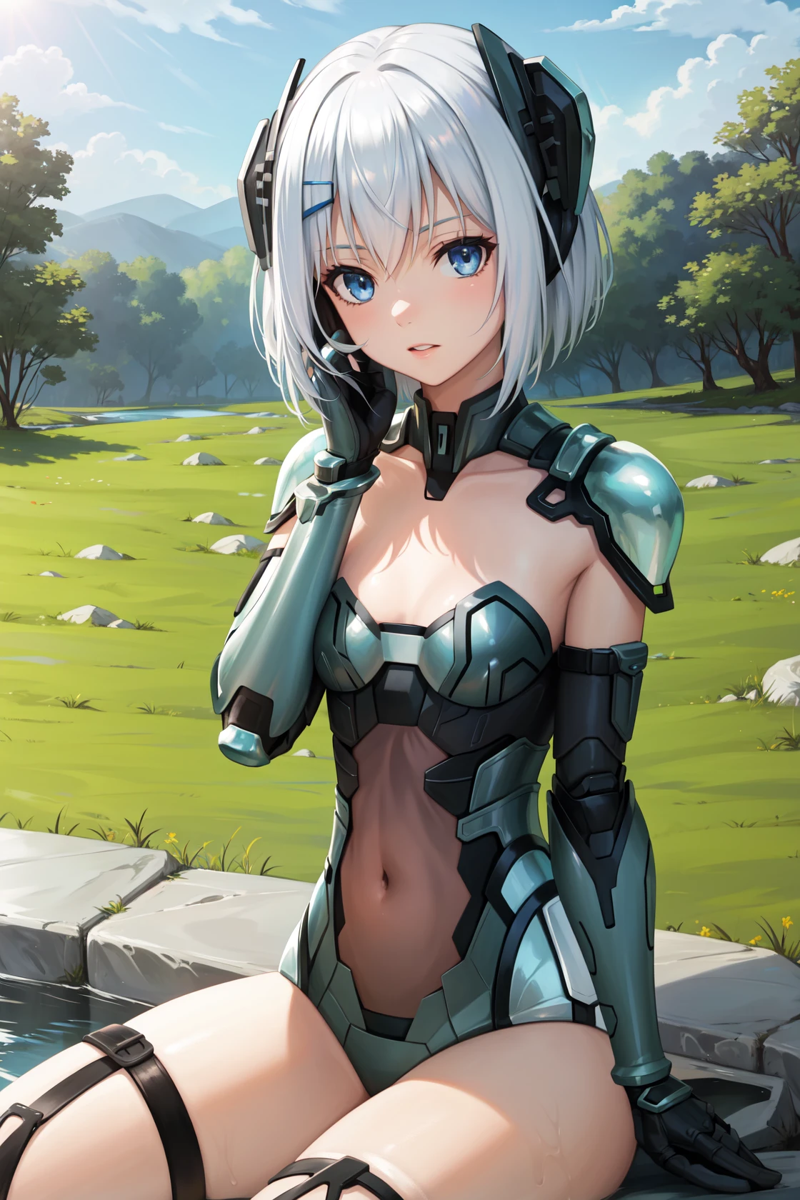 masterpiece, best quality, highres,
OrigamiDef, 1girl, solo, white hair, short hair, bangs, blue eyes, small breasts, breasts,
thighhighs, gloves, boots, black gloves, elbow gloves, sword, armor, leotard, see-through, covered navel, skindentation, thigh strap, headgear, thigh boots, shoulder armor, armored boots, grey thighhighs, grey leotard,
sitting, leaning back, cowboy shot, arm support, looking at viewer, outdoors, forest, field, sky, blue sky, sunlight, <lora:Tobiichi:1>