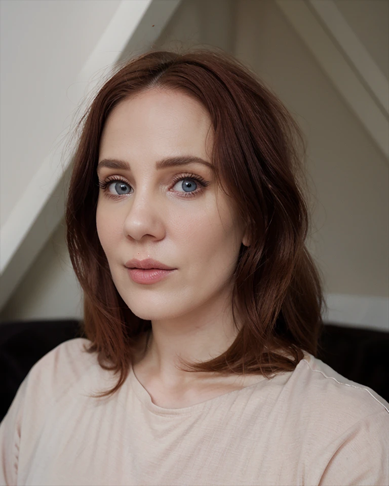 smoonstyle, a woman, indoors, modern clothes, long sleeves, close up, headshot, portrait,