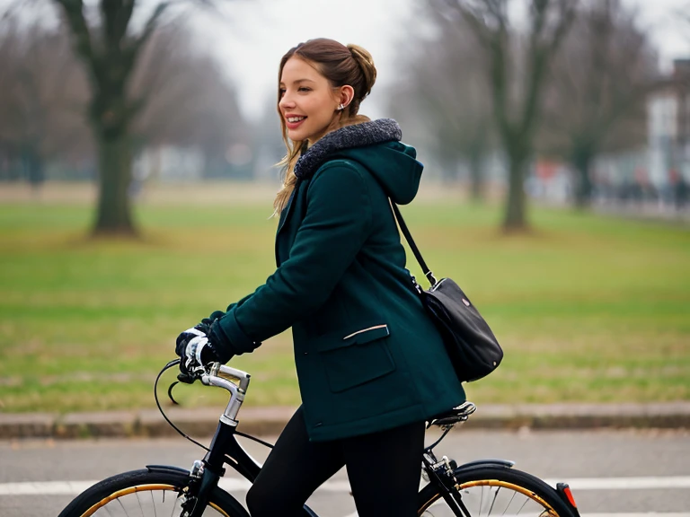 b1k3g1rl, [woman|evelynnobodysd15], solo, blonde hair, gloves, jacket, pantyhose, outdoors, shoes, black gloves, hood, scarf, coat, blurry background, hood down, sneakers, winter clothes, riding, earphones, earbuds, bicycle smile, riding  bicycle, shapely,  (pixie hairstyle),  outdoors,  day, realistic, bicycle, side view, cowboy shot  <lora:b1k3g1rl_35:0.9>