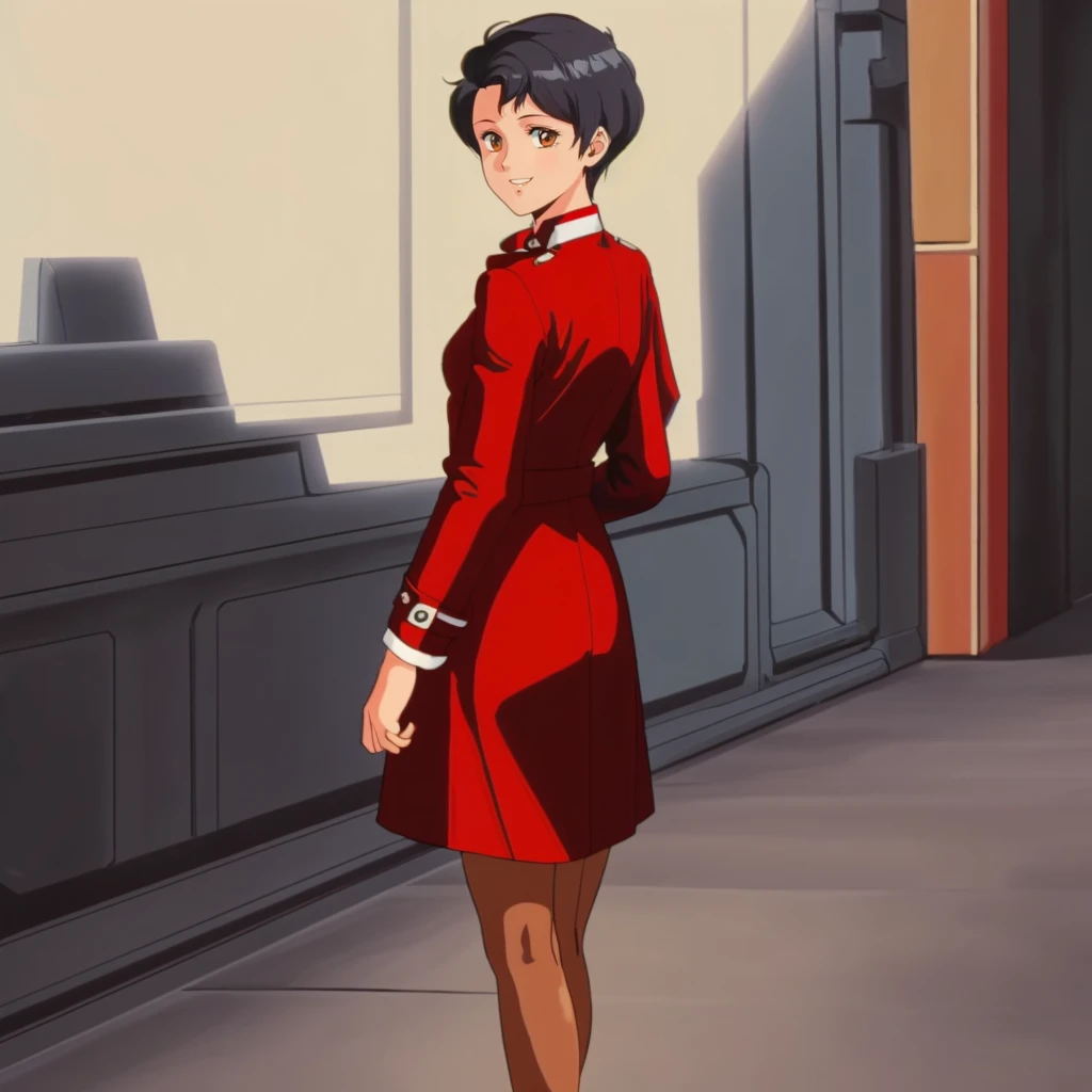 <lora:SyliaStingray002:0.7>,<lora:add_detail:0.5>,<lora:noline:0.3>,<lora:boldline:-0.3>,smile,parted lips,
SyliaStingray,1girl,black hair,short hair,
red jacket,
white collared shirt,red collar,
skirt,
brown pantyhose,
full body,looking back,