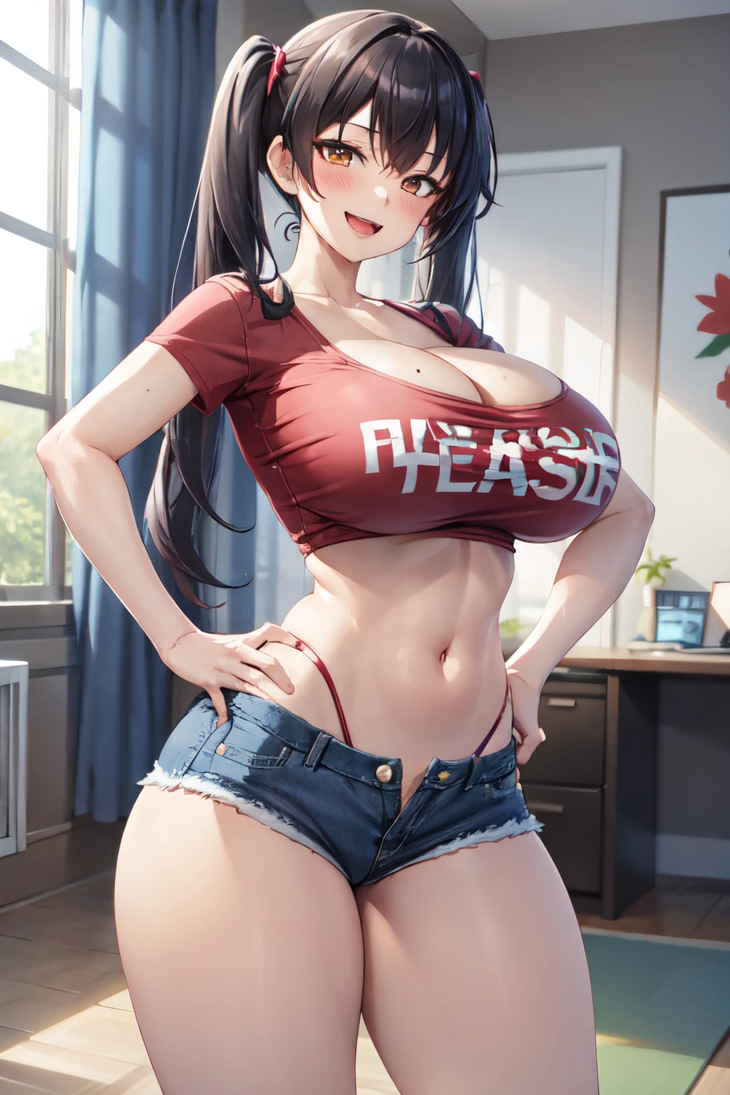 micro shorts, 1girl, breasts, solo, twintails, black hair, shorts, navel, huge breasts, smile, open mouth, blush, looking at viewer, hand on hip, midriff, long hair, denim shorts, crop top, denim, cleavage, indoors, thighs, mole under eye, bangs, standing<lora:micro_shorts_goofy:1>