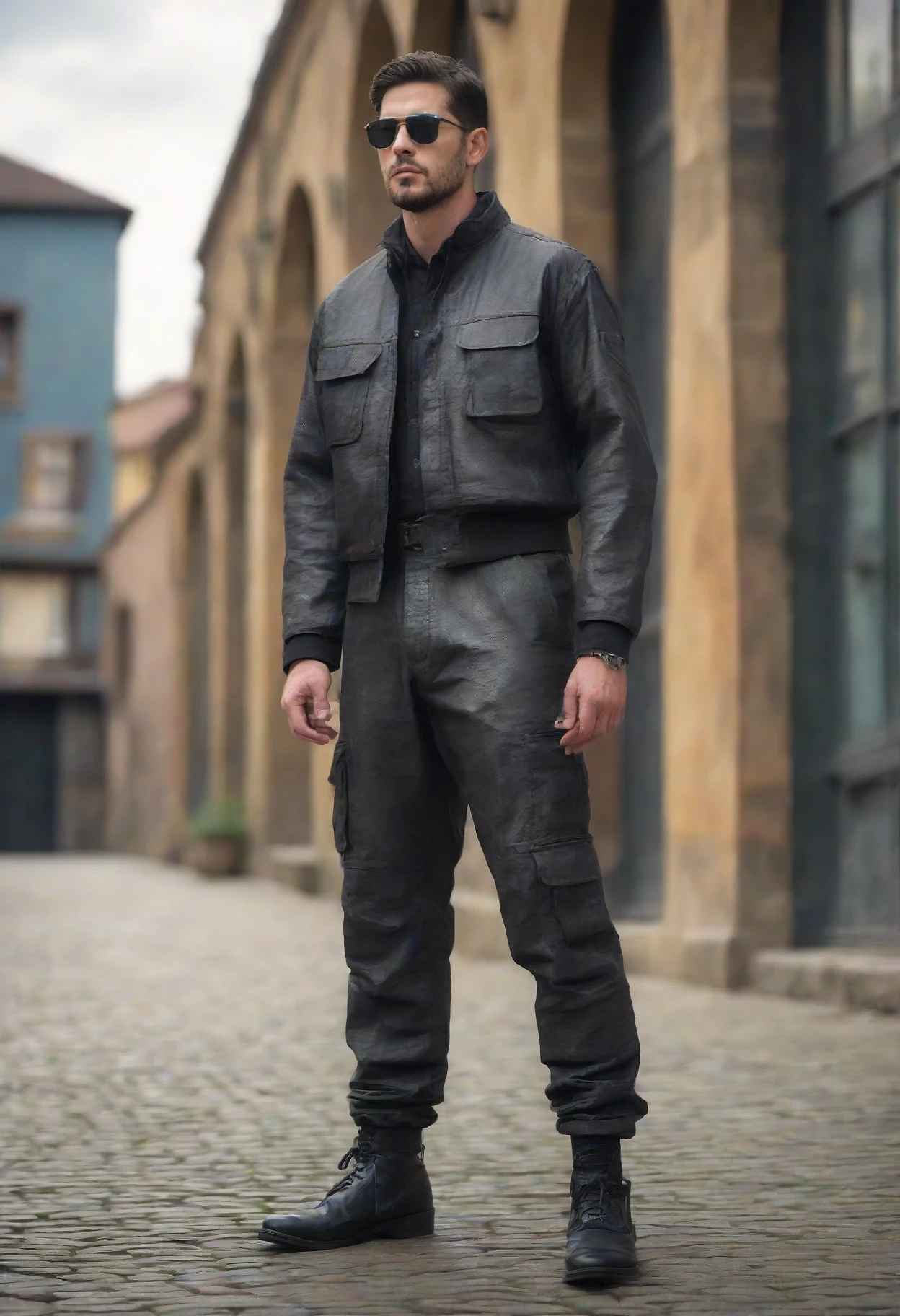 DonM1uth3rXL man,in front of a 3g3Kl0st3rXL portal,liquid metal texture black ar-embedded cargo pants, neural interface leather robotic work jacket, levitating sandals, <lora:myLora\DonM1uth3rXL-000008><lora:myLora\3g3Kl0st3rXL-000006:0.6>,
