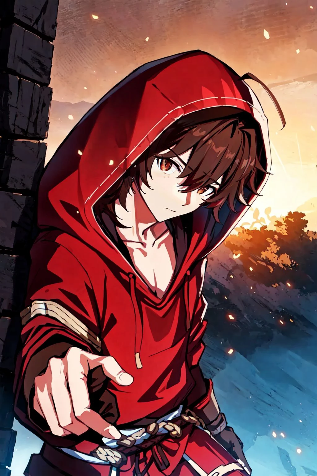 Hoyoearth, solo, looking at viewer, simple background, brown hair, shirt, gloves, long sleeves, 1boy, hair between eyes, brown eyes, closed mouth, collarbone, jacket, ahoge, male focus, cowboy shot, black gloves, hood, fingerless gloves, red shirt, hood up, very detailed, cinematic angle, outdoors, ancient japan, ultra sharp, rembrandt lighting, side lighting, cinematic shading, cinematic lighting, foreshortening, detailed background, masterpiece, best quality , official art , <lora:hoyoverse_SD15:0.8>