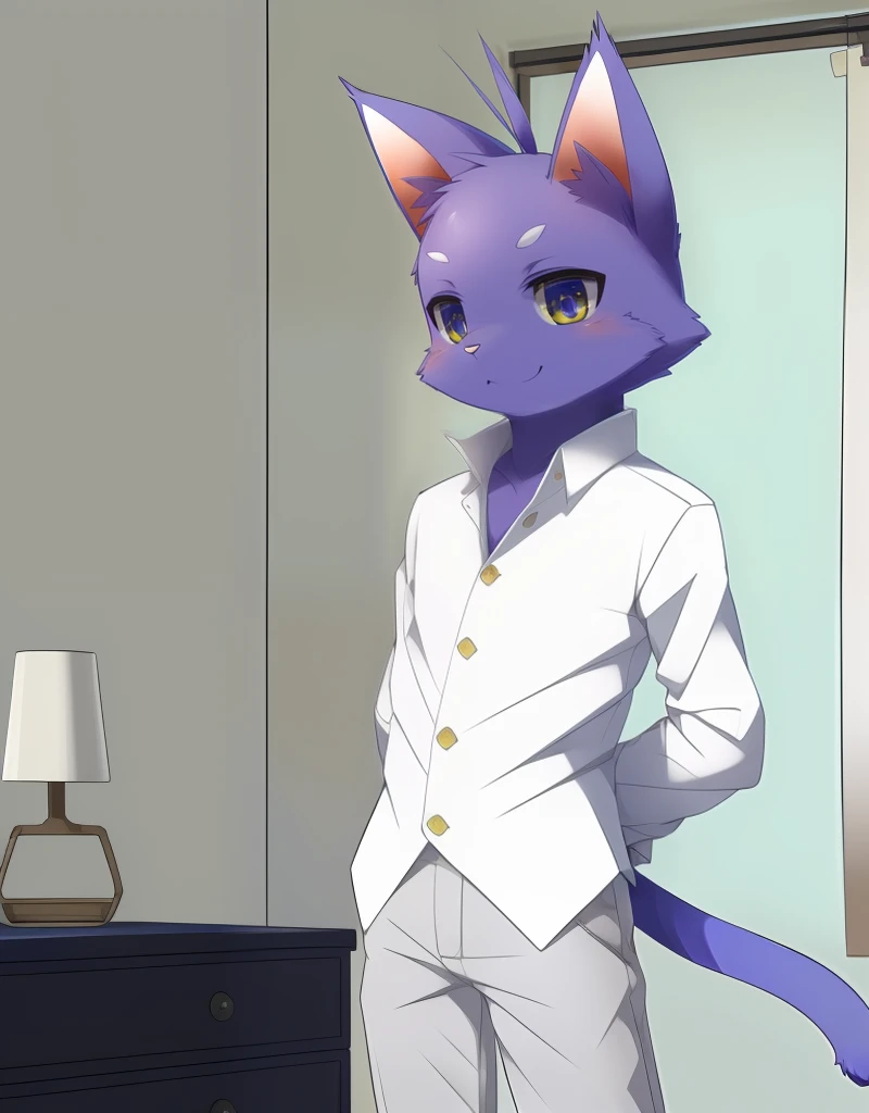 (((detailed eyes, detailed face))), (furry, shin <lora:character_shin_findigo_v3:1>, purple hair, ahoge, antenna hair, cat, yellow eyes), male, (solo), (plump), (white shirt, grey pants), standing, (arms behind back), smile BREAK (konzaburou, ukan_muri, cute), bedroom, (flat shading, flat color, high brightness), 8k, UHD, masterpiece, (full body)