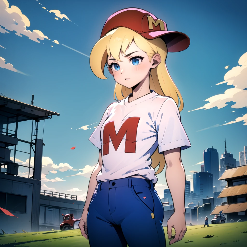 1girl, Maxine, blonde hair, long hair, red hat, white shirt, blue eyes, short sleeves shirt, baseball cap, blue pants, white shoes, <lora:Maxine_MightyMax_Leaf2:0.8>, cowboy shot,