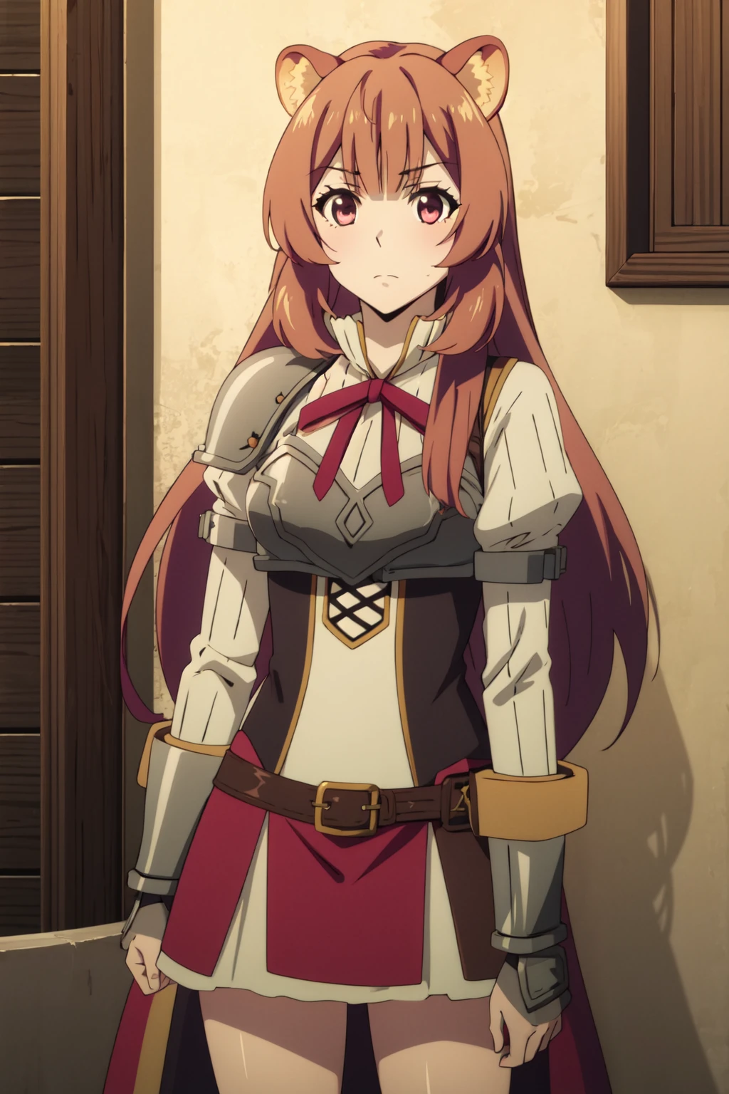 <lora:anime_screencap_v2:0.3> tall body, tall, long legs, mature female, mature, adult, <lora:GoodHands-beta2:1.4>,
<lora:eft_shield_raphtalia-02:1>, EFT_Shield_Raphtalia, 1girl, raphtalia, animal ears, long hair, solo, brown hair, raccoon ears, raccoon girl, bangs, blunt bangs, upper body, closed mouth, very long hair, parody, long sleeves, neck ribbon, armor, shoulder armor,