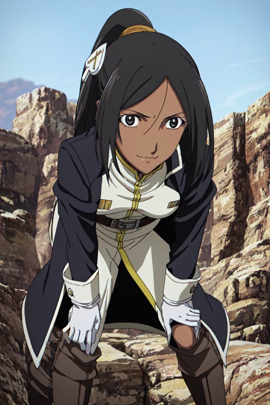 (best quality) , (highly detailed) ,masterpiece ,absurdres ,detailed face ,beautiful face ,(detailed eyes, deep eyes, anime eyes) ,1girl , solo, slight smile,
Leaning forward, hands braced on knees,
narvi_bb, ponytail, black eyes, black hair, dark-skinned female, dark skin, long hair, hair ornament, gloves, boots, belt, white gloves, uniform, coat, <lora:narvi_bb-10:0.75>