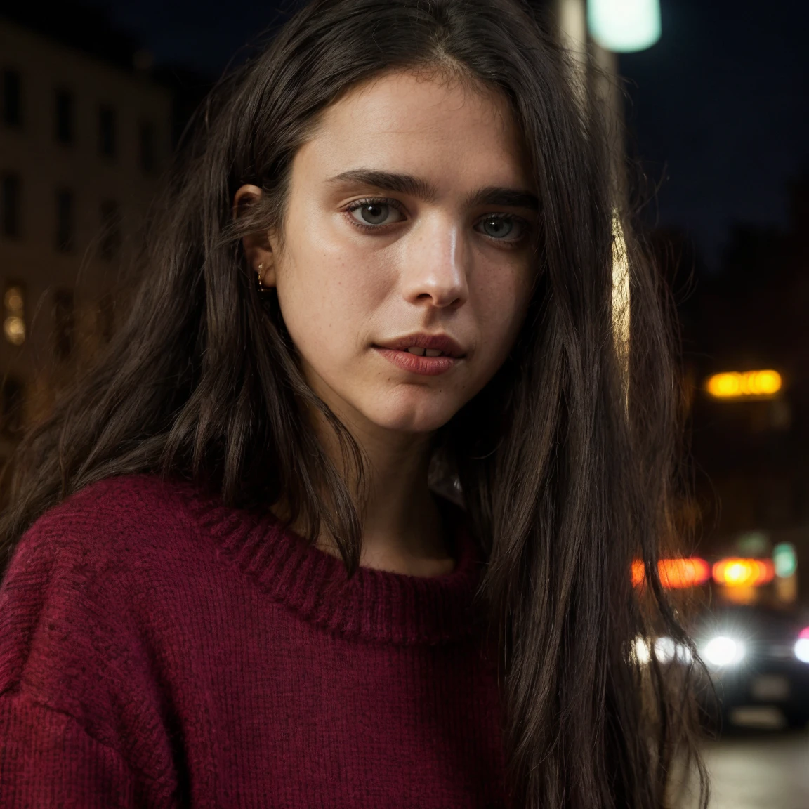 marqual,black long hair,(face close-up),city street background,sweater,masterpiece,bokeh,dof,highly detailed,night,neon lights