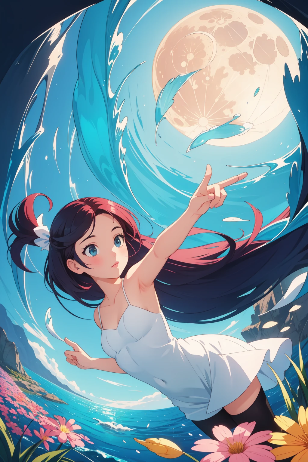 1girl, masterwork, stylized, selfie shot angle of a Figural Deformed ("Smooth, it's like the ocean under the moon.":1.3) , from inside of a [Nerdy|1900'S] United Kingdom, spring flower field and beach, Foggy, horizon-centered, Graphic novel, Fantasy, Villagecore, short lighting, Depth of field 270mm, Vibrant Color, under water, underpainting, photolab, most beautiful artwork in the world