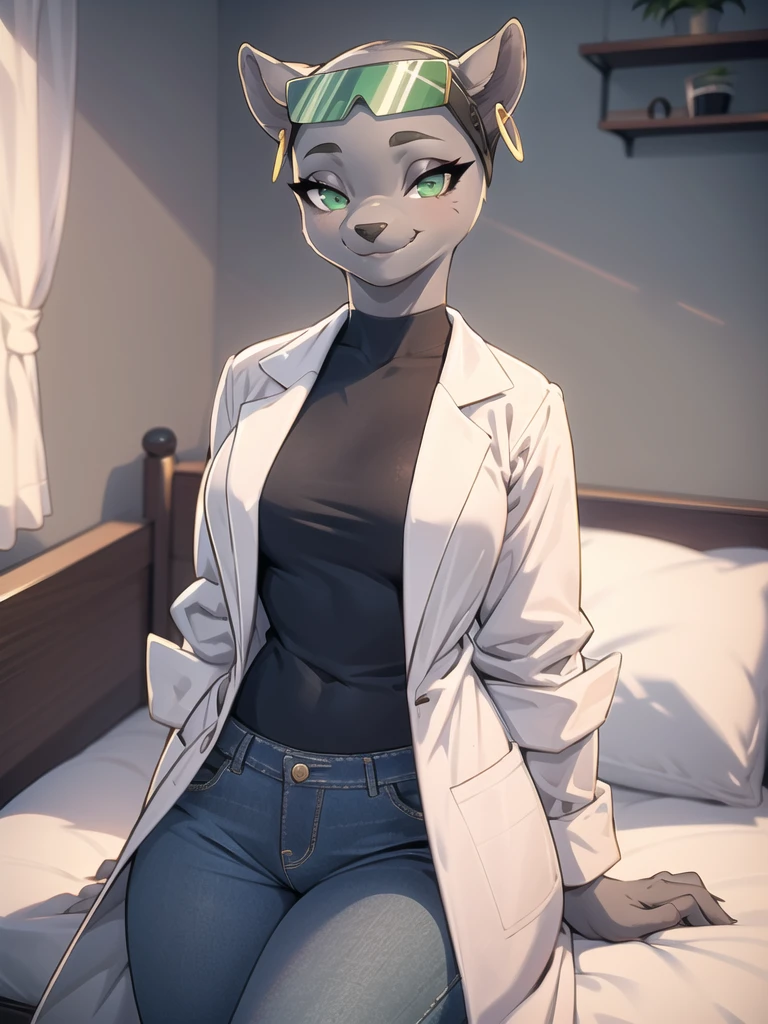 1 girl, solo,marie_itami,mink girl, grey skin, furry female, animal nose,  green eyes, black puplis, animal ears, earrings, eyewear on head, (tail),(high quality, masterpiece, best quality), looking at viewer, busty, labcoat, black shirt, tight shirt, jeans, bed, smiling, bedroom, detailed eyes <lora:marie_itamiV2:0.9>