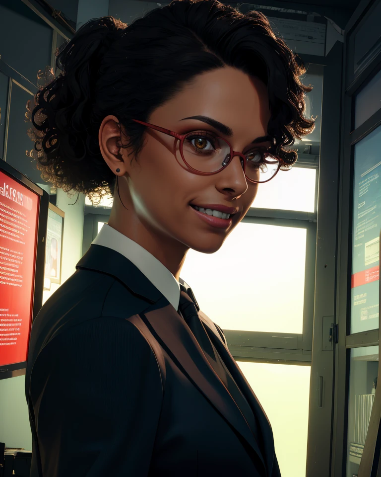 Ingrid,black hair,brown eyes,short hair,curly hair,low ponytail,
red glasses,looking at viewer,smile,
long sleeves,black suit,
science fiction,dim lighting,tech,upper body,
(insanely detailed, masterpiece, best quality),<lora:IngridHunnigan:0.8>,