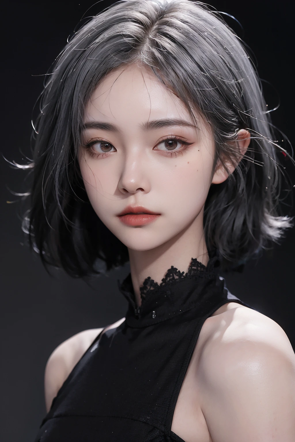 <lora:cervine:0.8>,
very cool,1girl,solo,black background,Silver hair,looking at viewer,silver hair,simple background,grey hair,realistic,upper body,short hair,black eyes,bare shoulders,red lips,(closed mouth:1.5),, best quality , masterpiece, illustration, an extremely delicate and beautiful, extremely detailed ,CG,unity,8k wallpaper, Amazing, finely detail, masterpiece, best quality,official art,extremely detailed CG unity 8k wallpaper,absurdres, incredibly absurdres, huge filesize , ultra-detailed, highres, extremely detailed,beautiful detailed girl, extremely detailed eyes and face, beautiful detailed eyes,light on face,