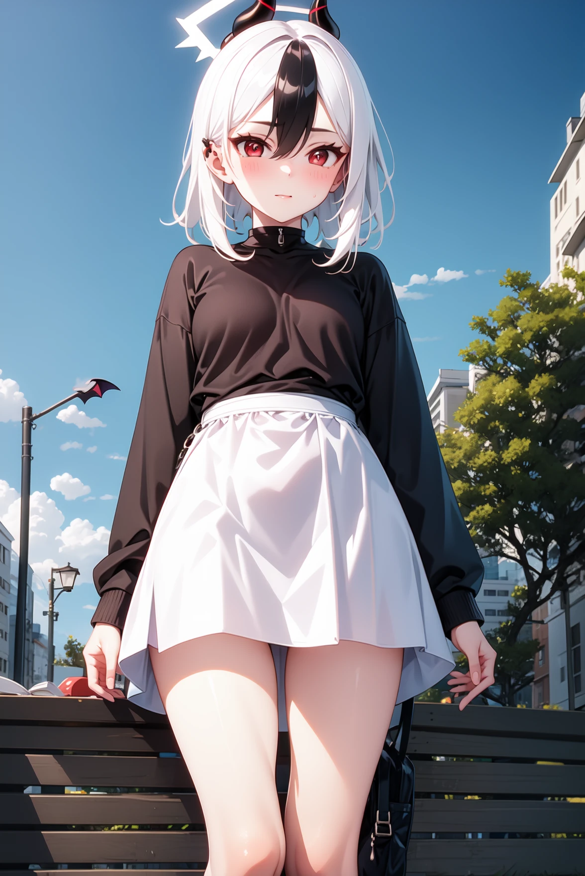 1girl, solo, (masterpiece, best quality), outdoors, street, blush, thighs, low wings, single wing, white skirt, turtleneck, ribbed sweater, kayoko, red eyes, black hair, white hair, hair between eyes, multicolored hair, two-tone hair, black ponytail, ear piercing, demon horns, halo, horns, wings, two-tone hair, choker